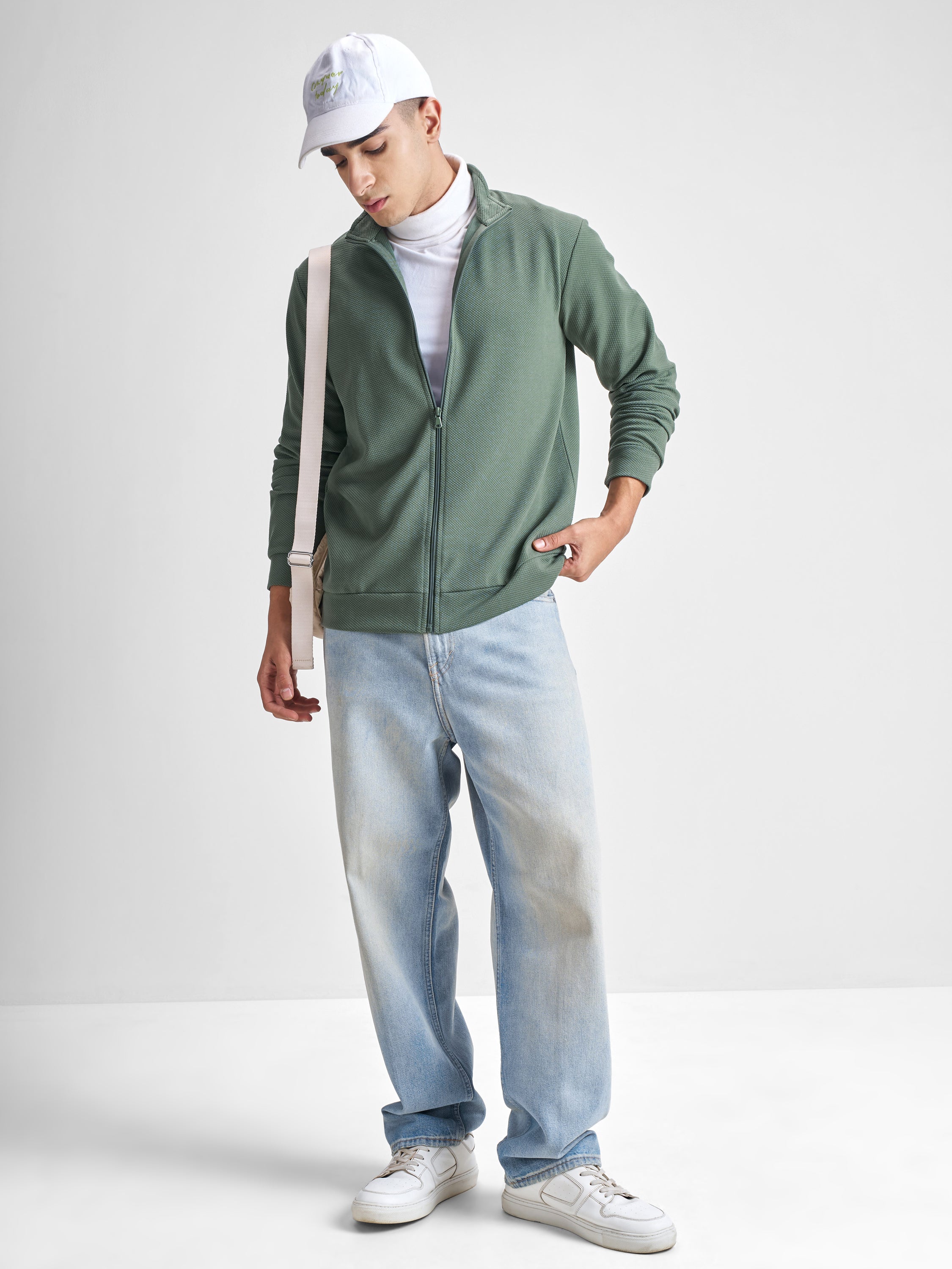 Highlander Men Green High Neck Front-Open Sweatshirt - Green - Image 2