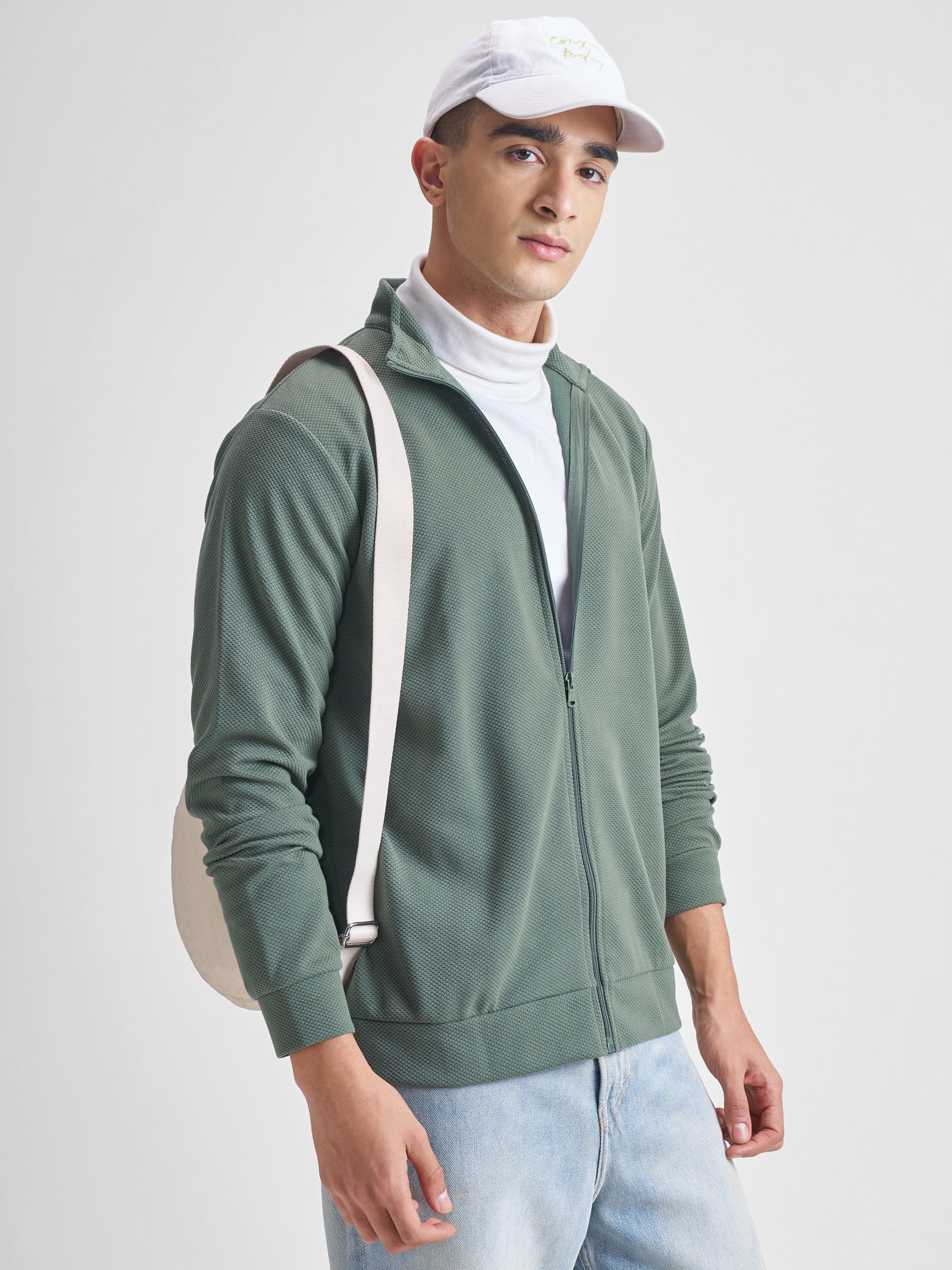 Highlander Men Green High Neck Front-Open Sweatshirt - Green - Image 6