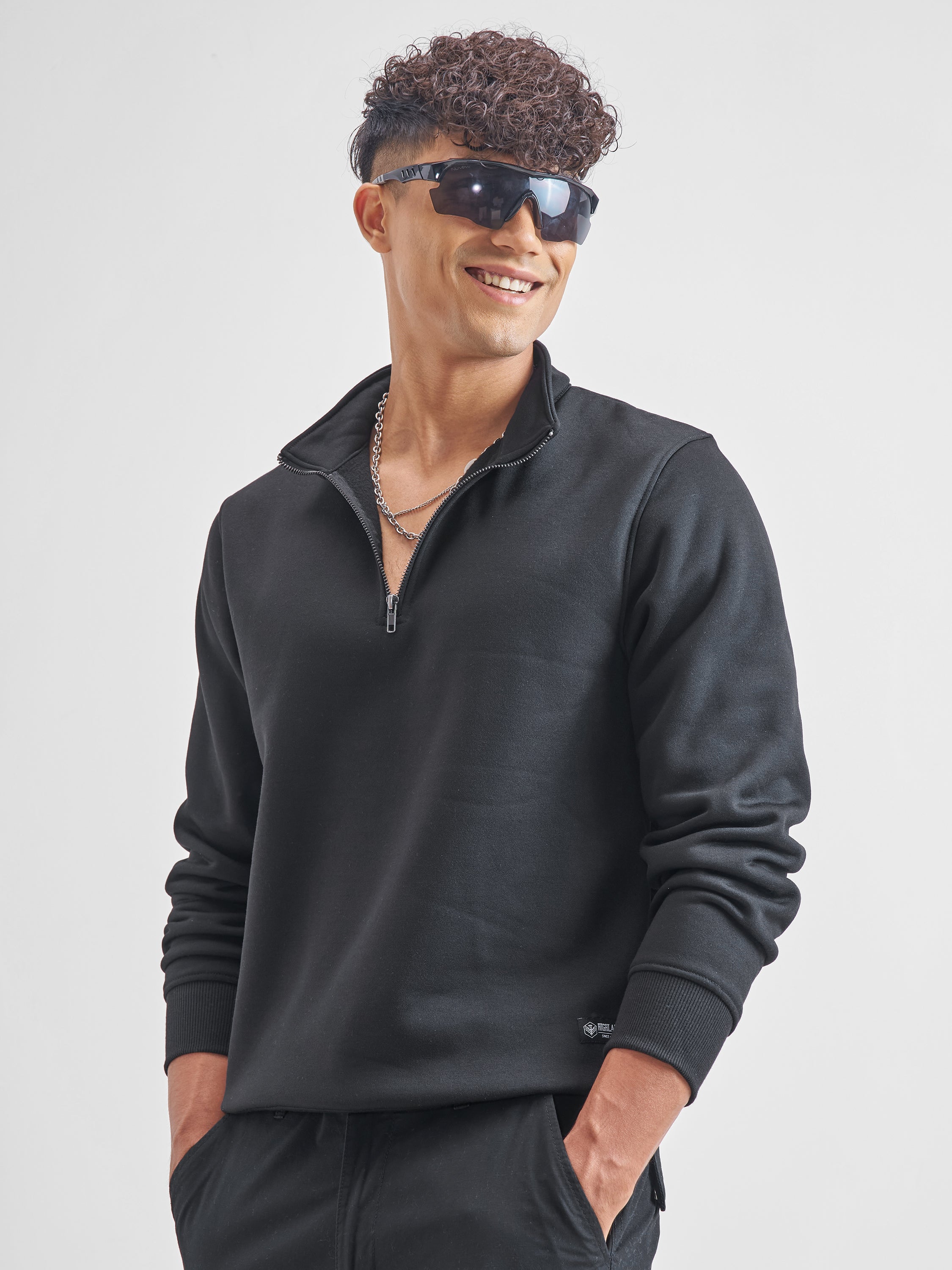 Highlander Men Black Mock Collar Pullover Sweatshirt - Black - Image 4