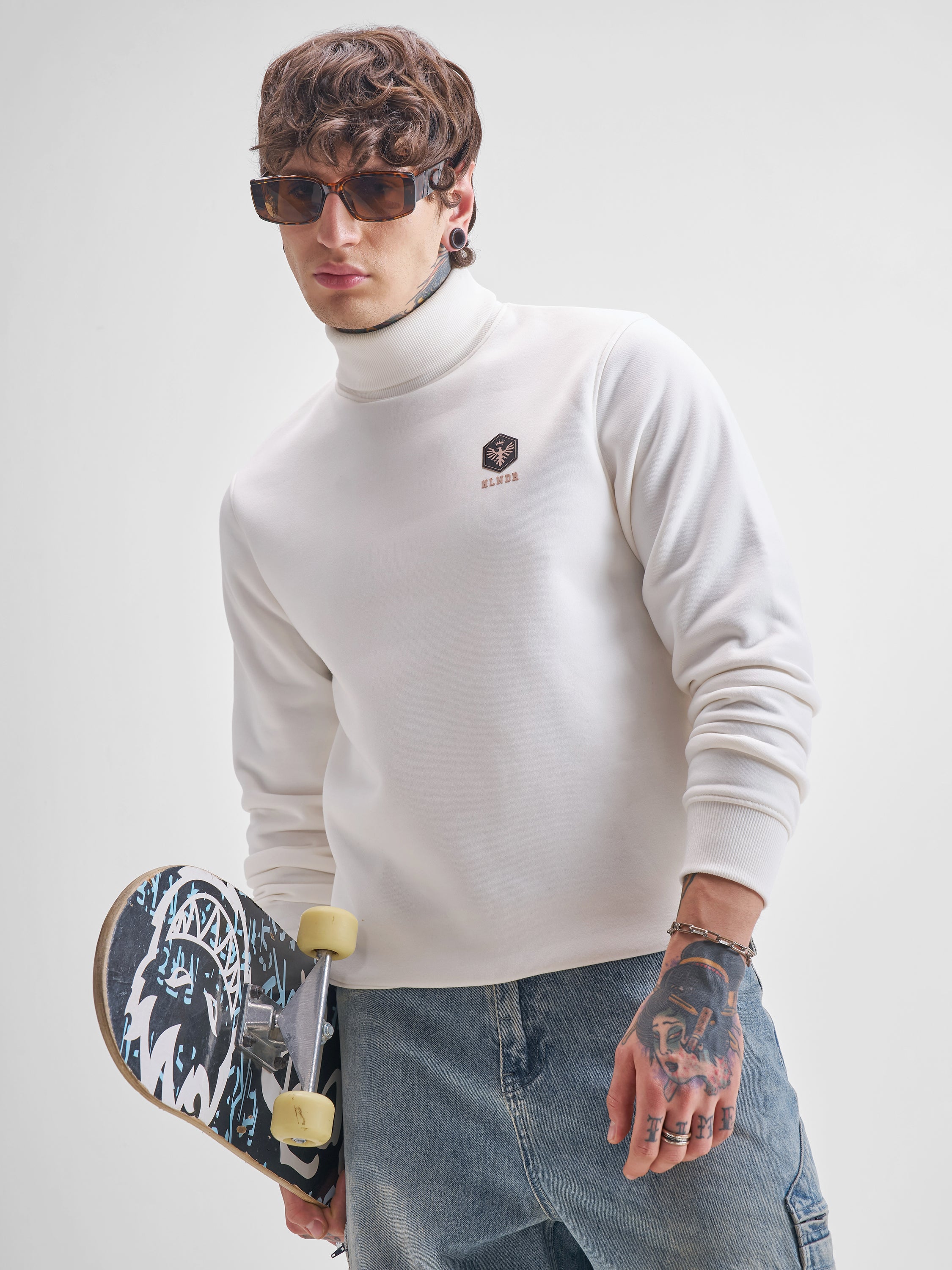 Highlander Men White Turtle Neck Pullover Sweatshirt - White - Image 1