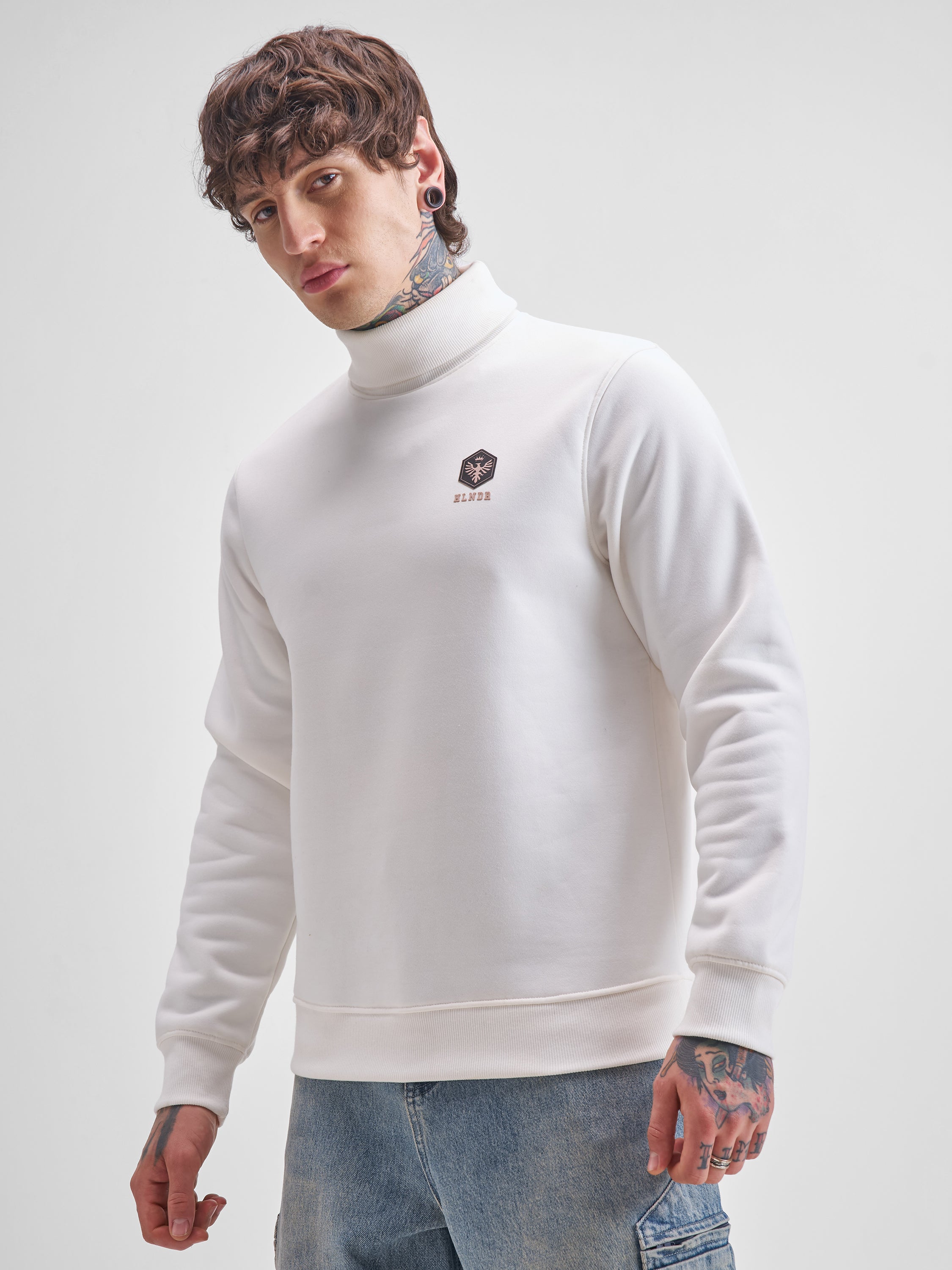 Highlander Men White Turtle Neck Pullover Sweatshirt - White - Image 4