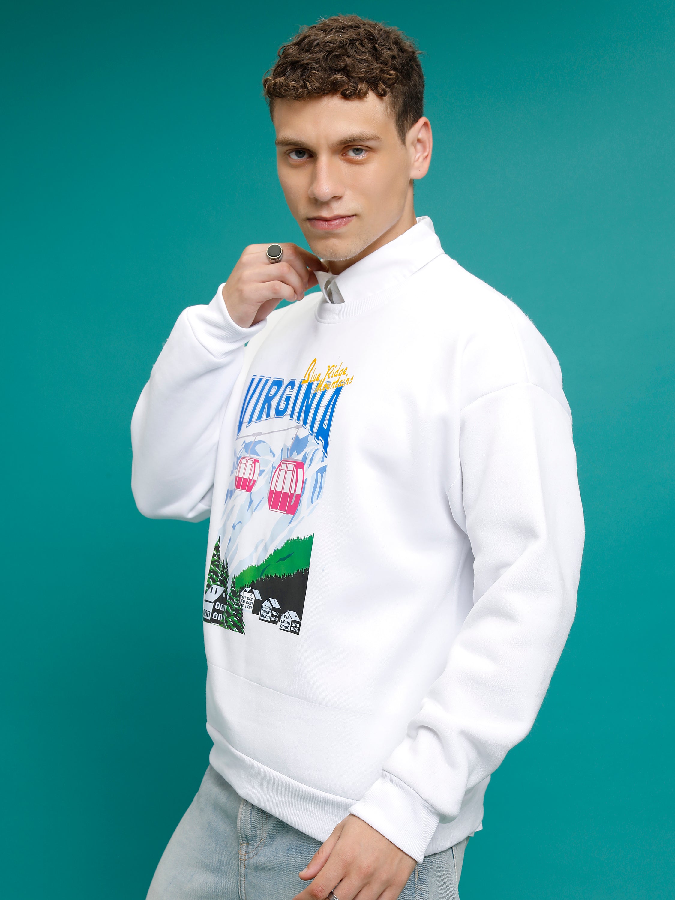 Highlander Men White Round Neck Pullover Sweatshirt - White - Image 4