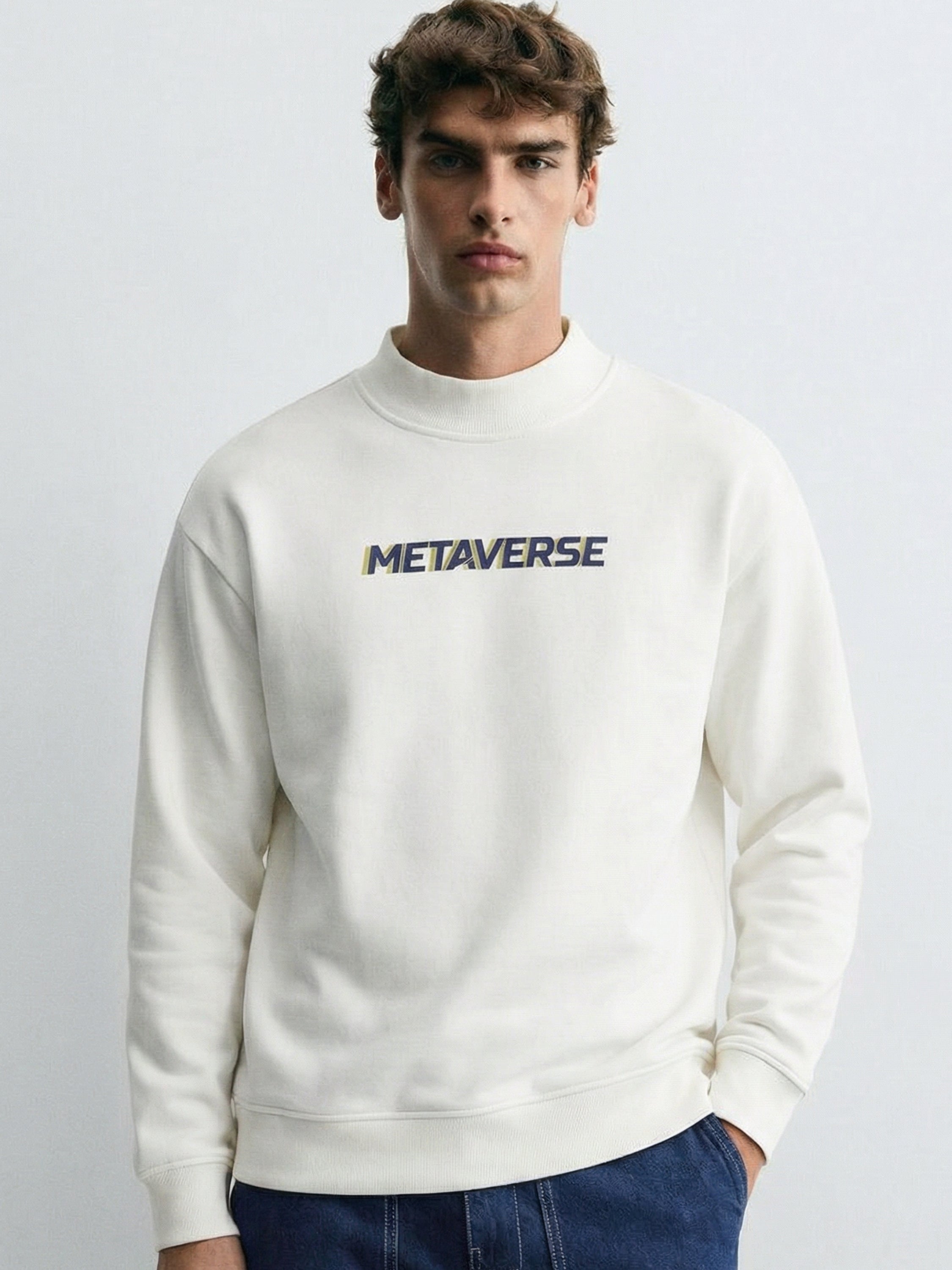 Highlander Men White Round Neck Pullover Sweatshirt - White - Image 1