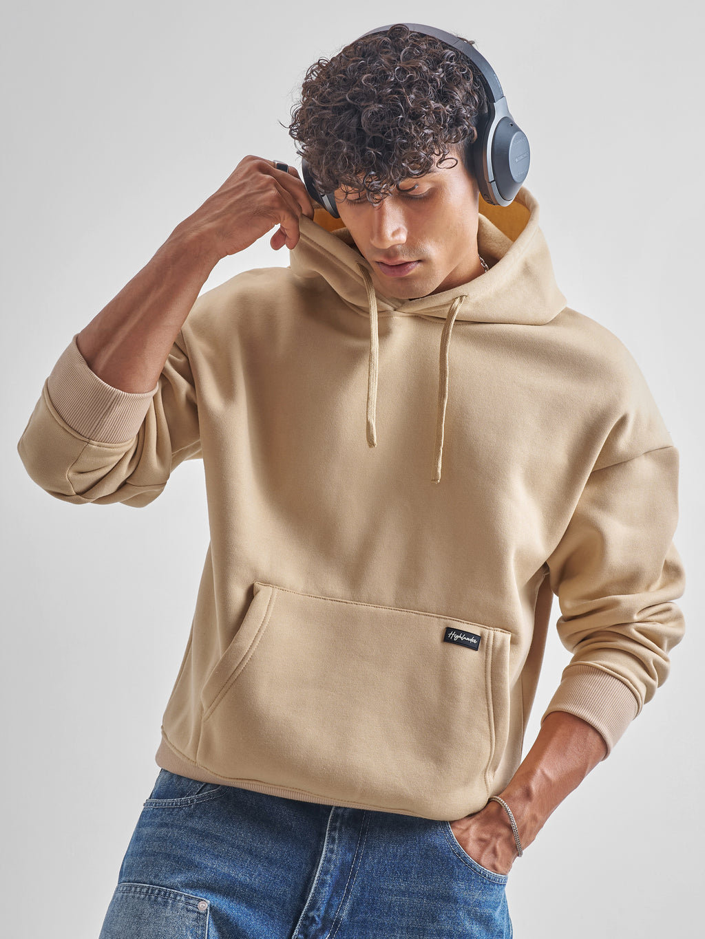 Highlander Men Beige Hooded Pullover Sweatshirt - Beige - Image 1