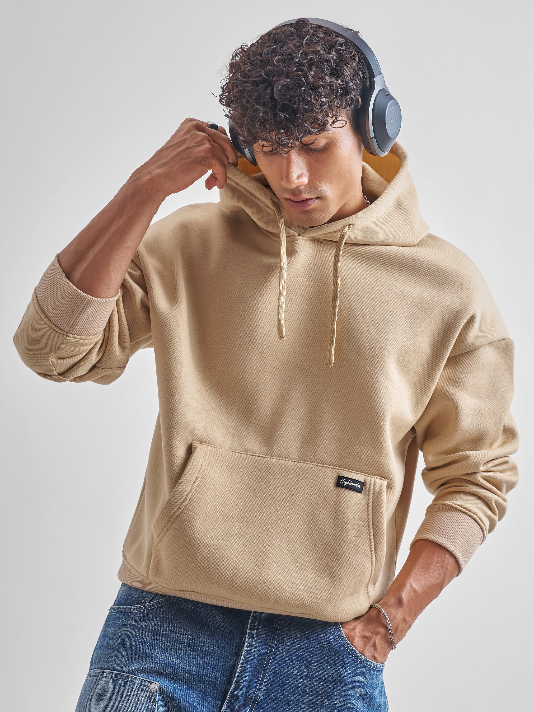 Highlander Men Beige Hooded Pullover Sweatshirt - Beige - Image 1