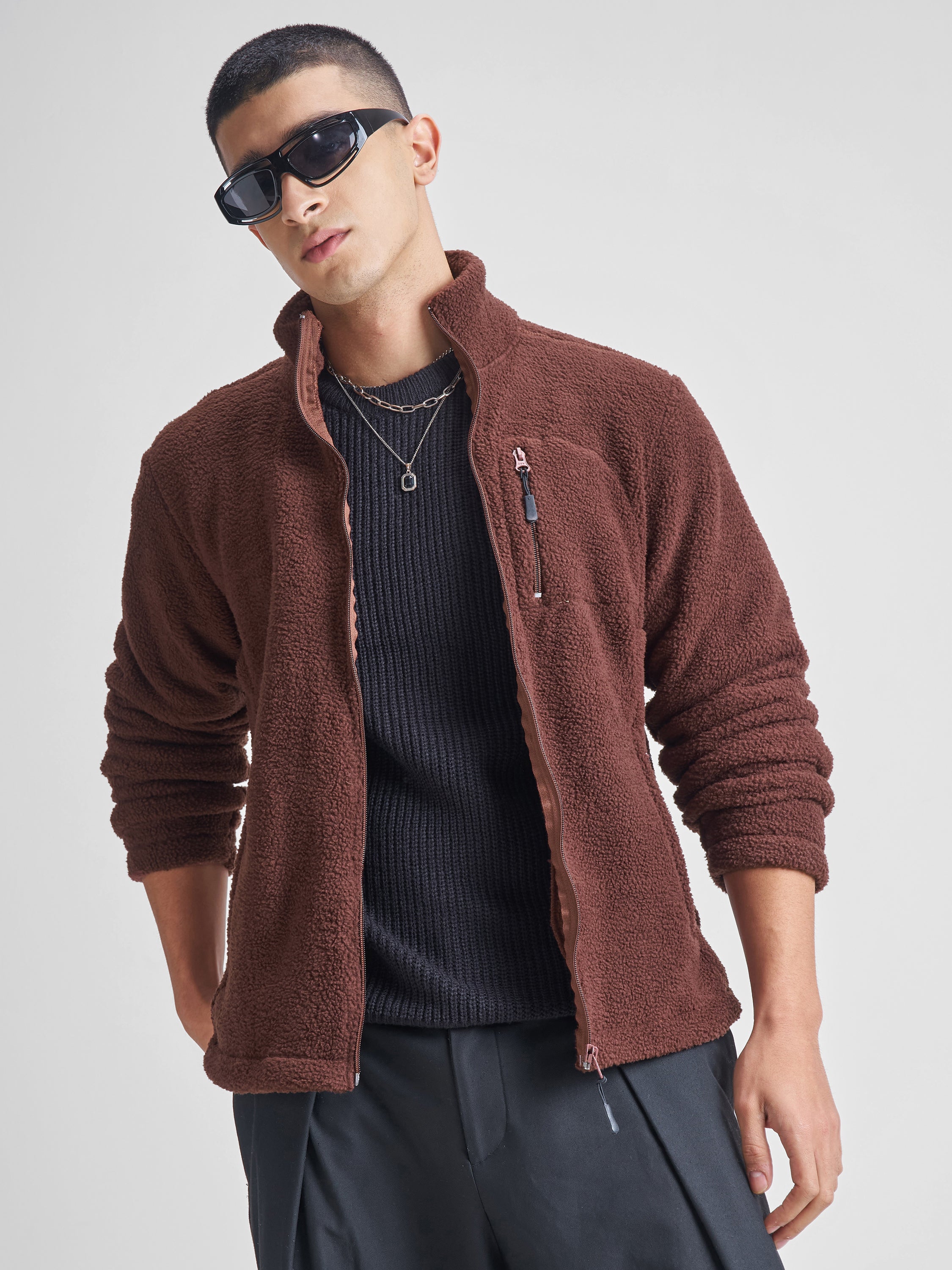 Highlander Men Brown Mock Collar Front-Open Sweatshirt - Brown - Image 1