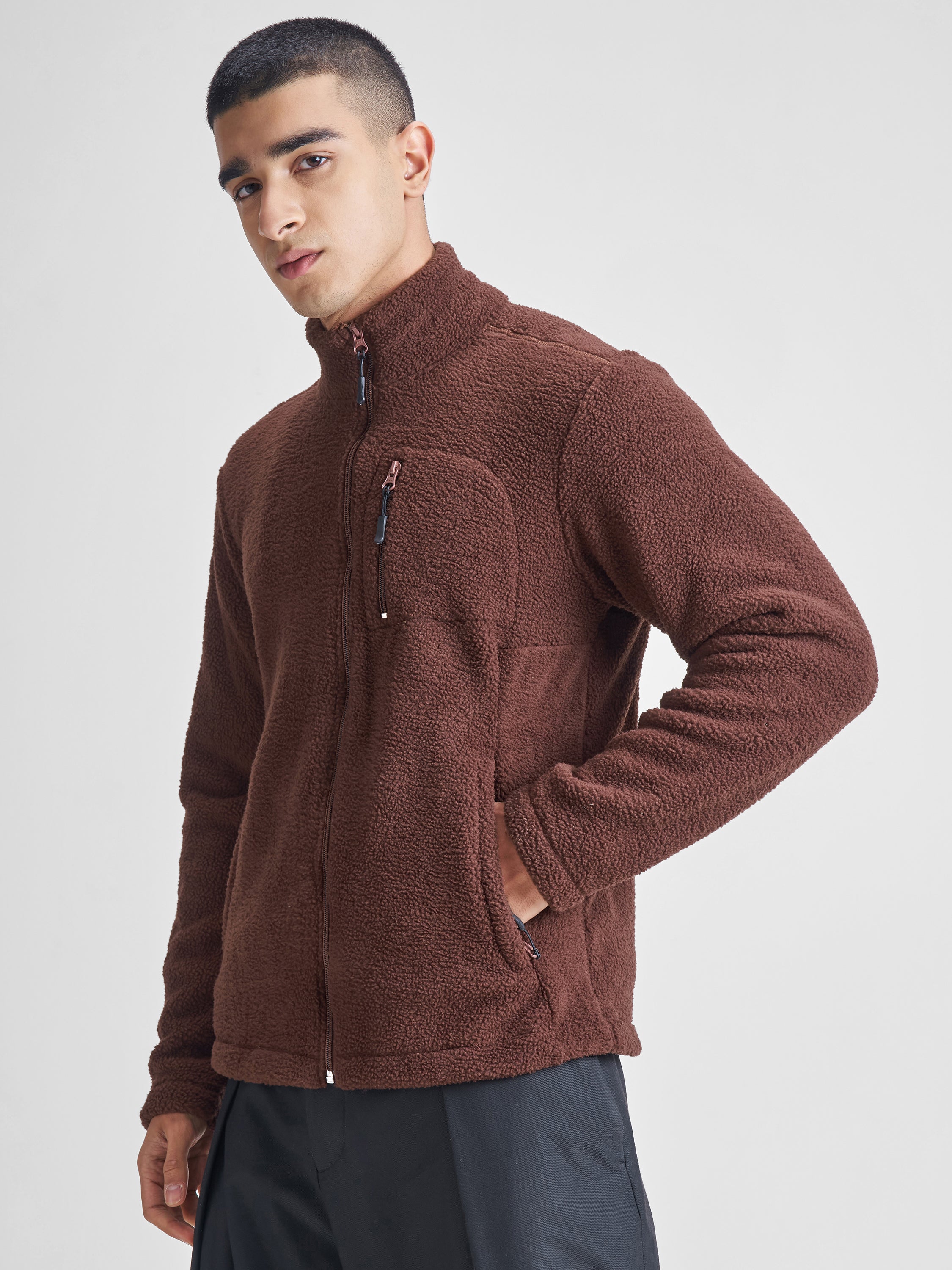 Highlander Men Brown Mock Collar Front-Open Sweatshirt - Brown - Image 4
