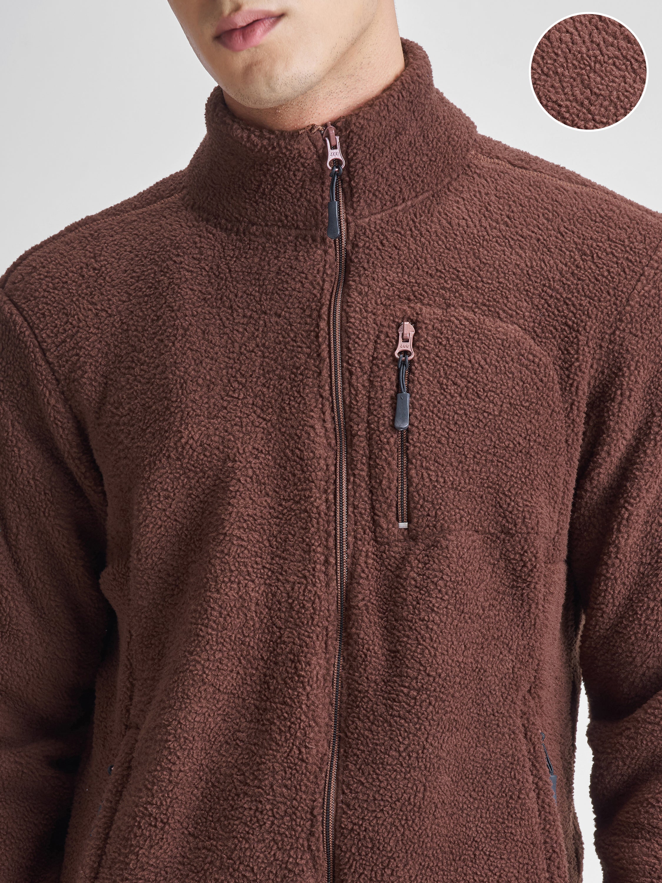 Highlander Men Brown Mock Collar Front-Open Sweatshirt - Brown - Image 5