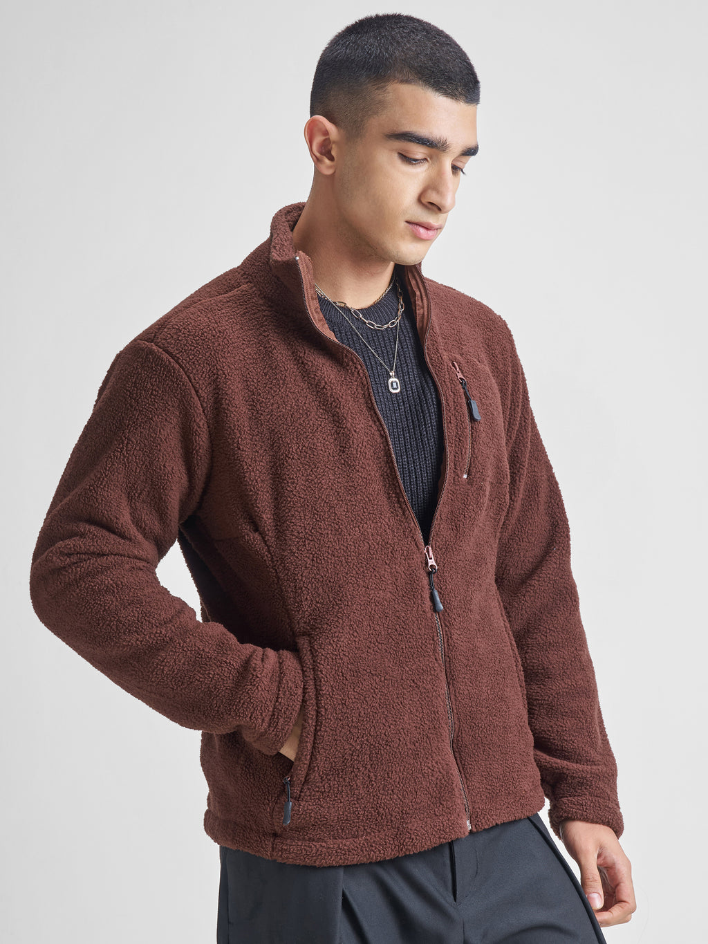Highlander Men Brown Mock Collar Front-Open Sweatshirt - Brown - Image 6