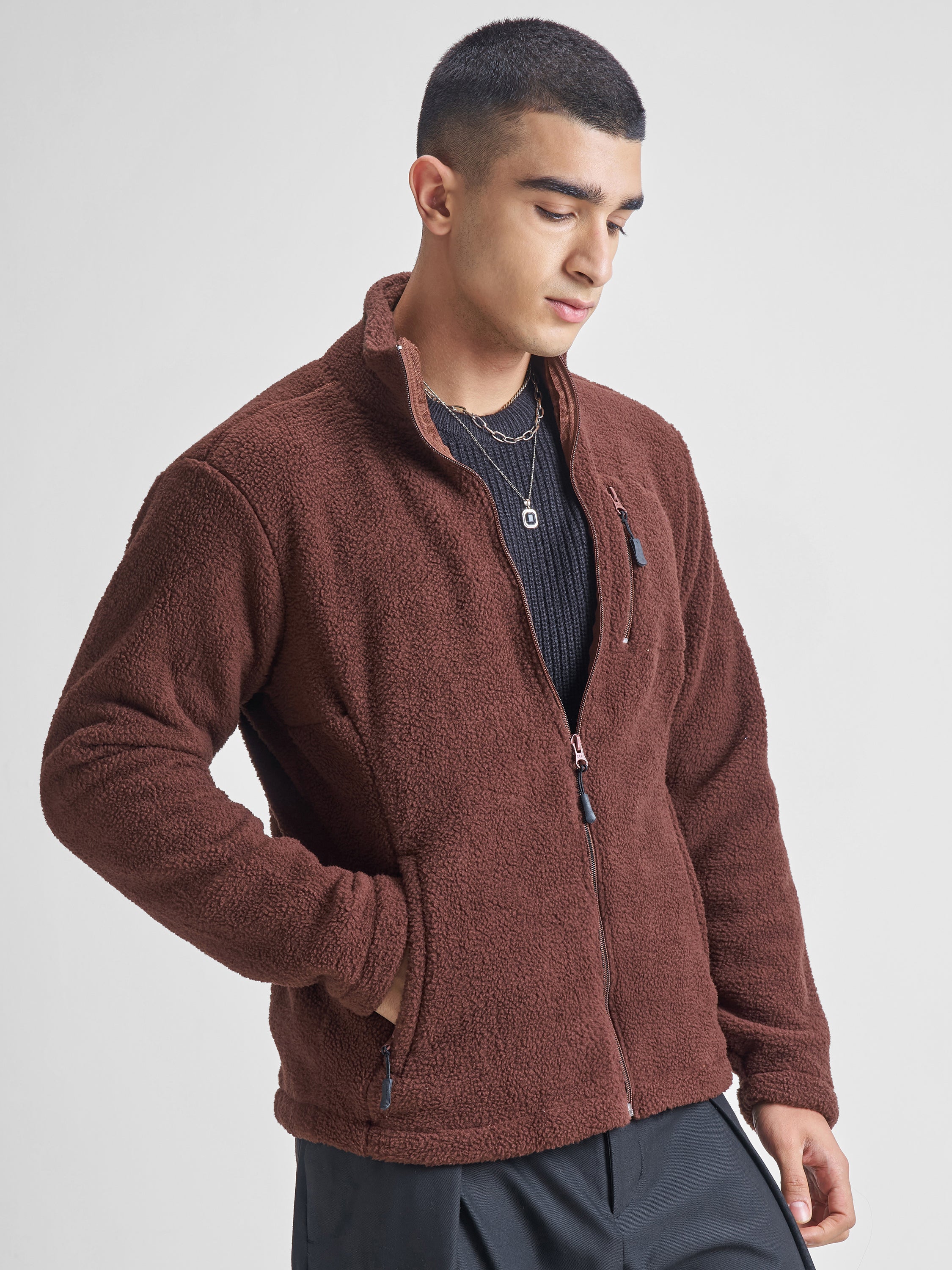Highlander Men Brown Mock Collar Front-Open Sweatshirt - Brown - Image 6