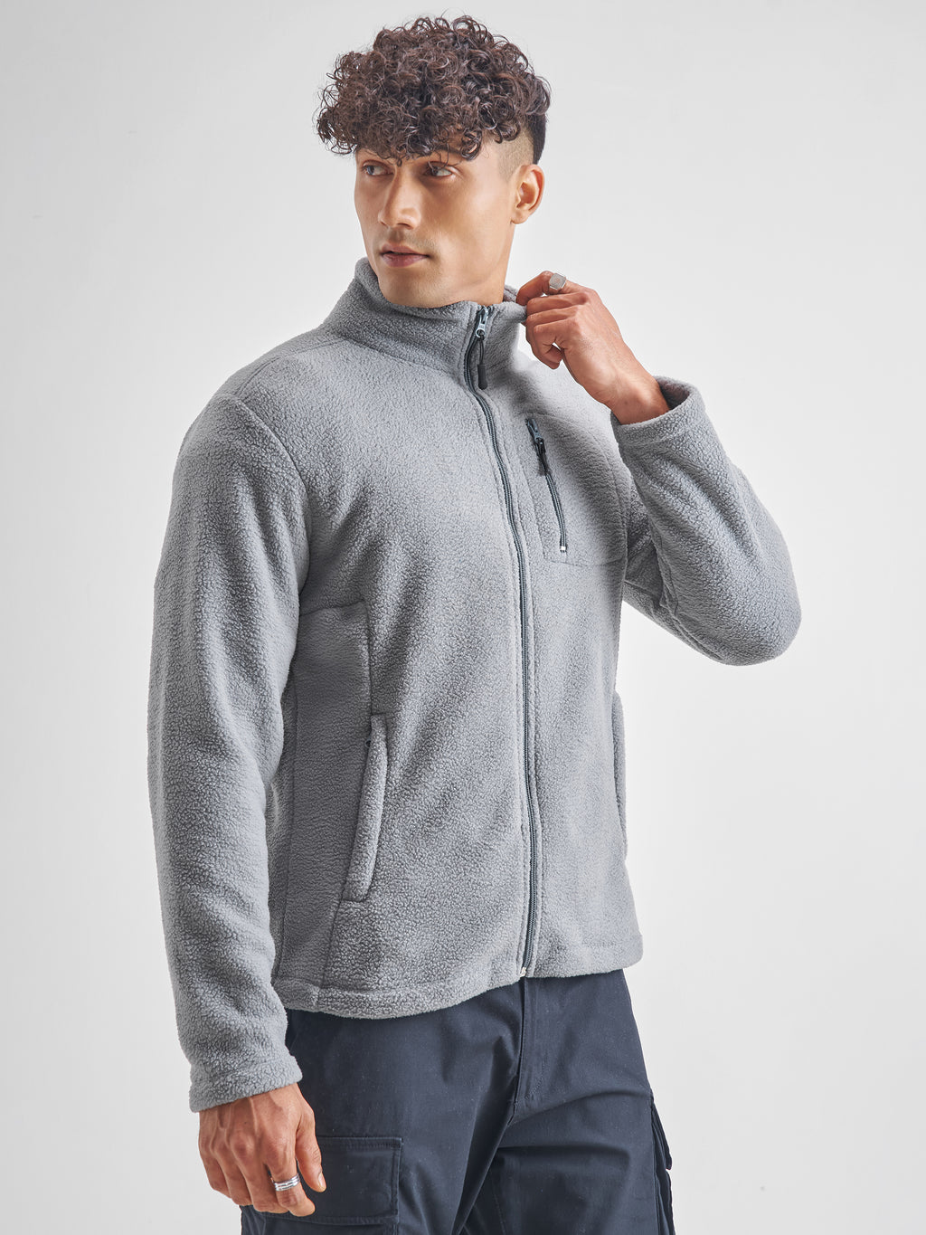 Highlander Men Grey Mock Collar Front-Open Sweatshirt - Grey - Image 6