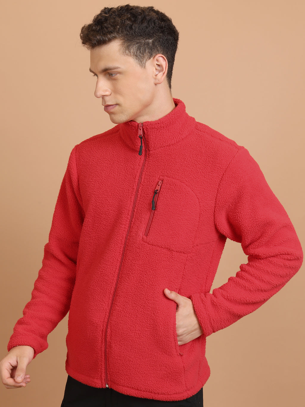 Highlander Men Red Mock Collar Front-Open Sweatshirt - Red - Image 4