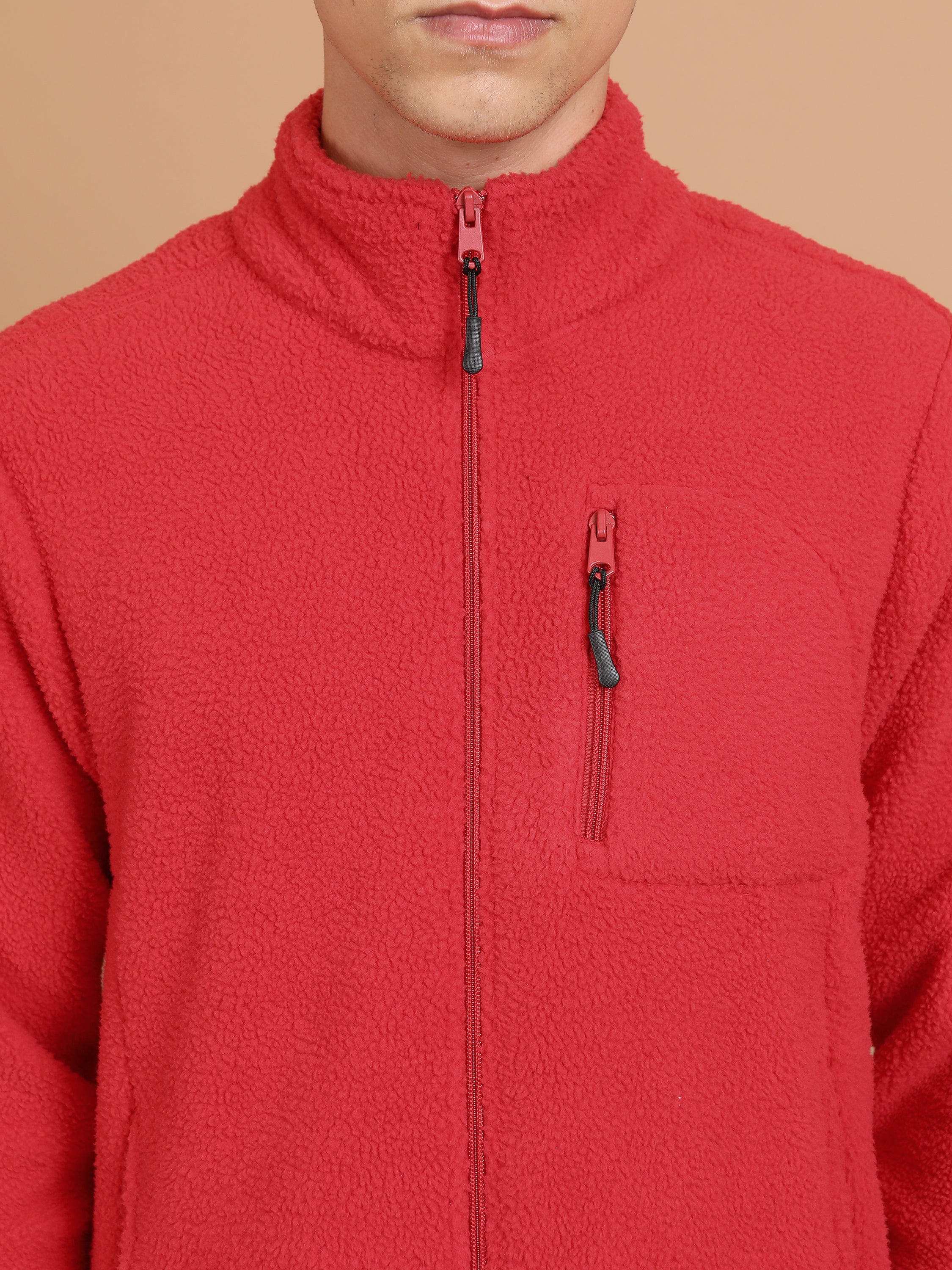 Highlander Men Red Mock Collar Front-Open Sweatshirt - Red - Image 5