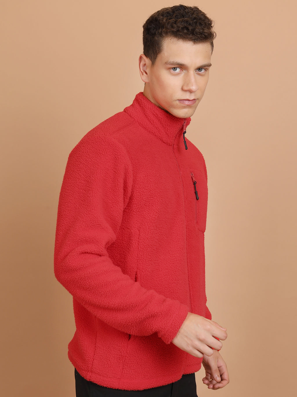 Highlander Men Red Mock Collar Front-Open Sweatshirt - Red - Image 6