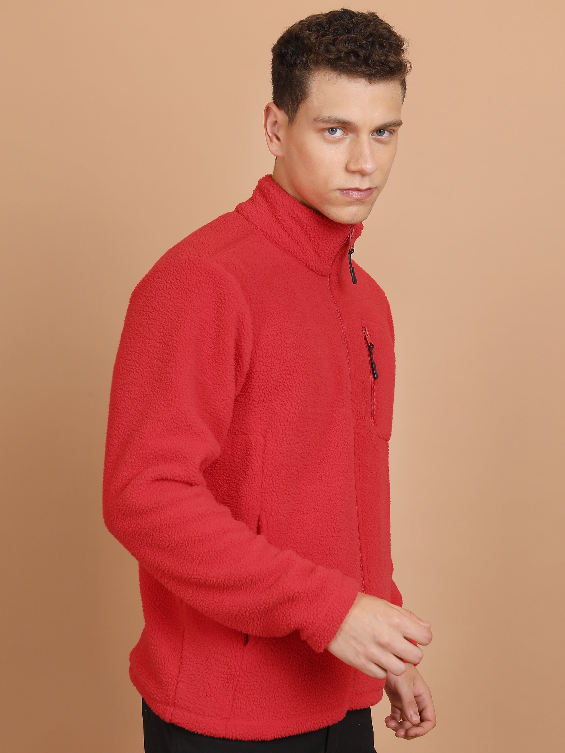 Highlander Men Red Mock Collar Front-Open Sweatshirt - Red - Image 6
