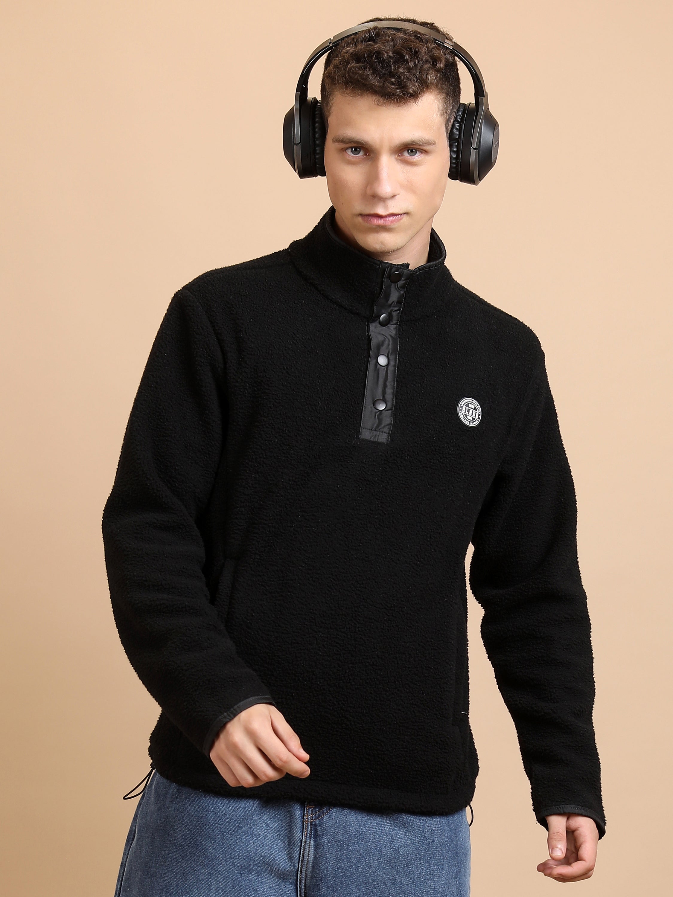 Highlander Men Black Mock Collar Pullover Sweatshirt - Black - Image 1