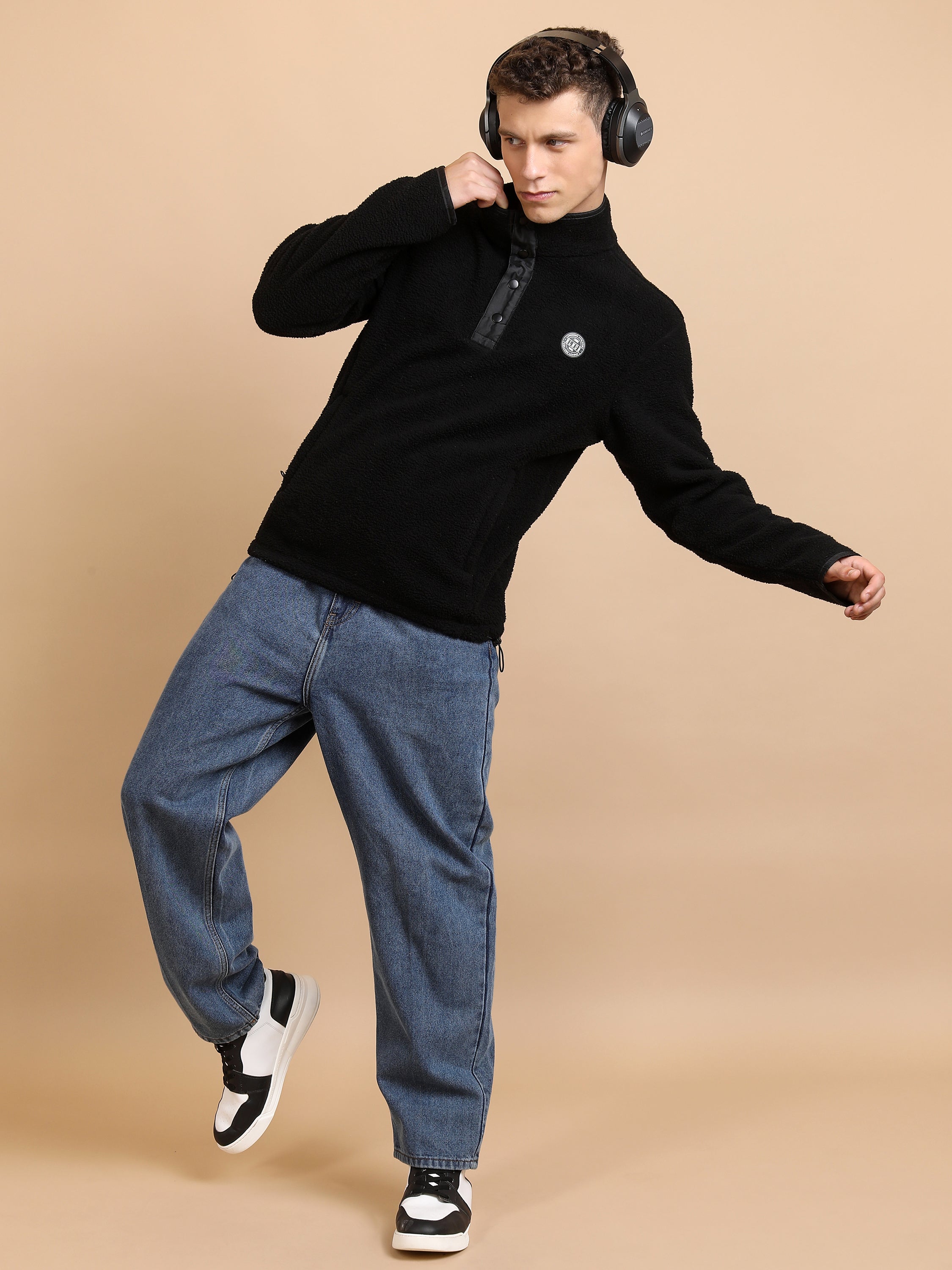 Highlander Men Black Mock Collar Pullover Sweatshirt - Black - Image 2