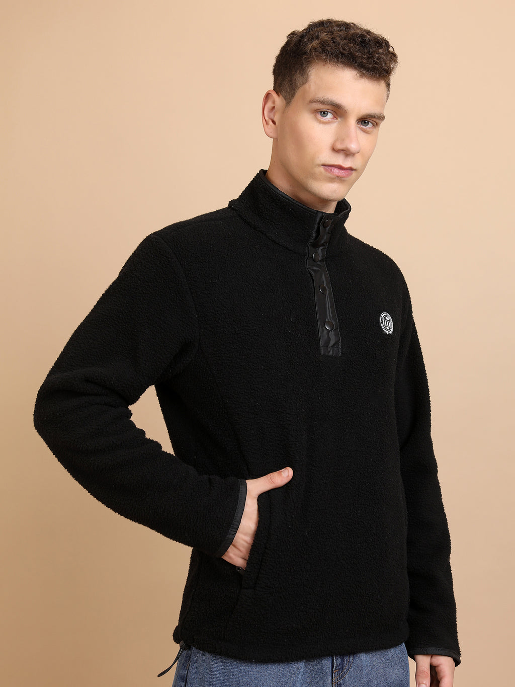 Highlander Men Black Mock Collar Pullover Sweatshirt - Black - Image 6
