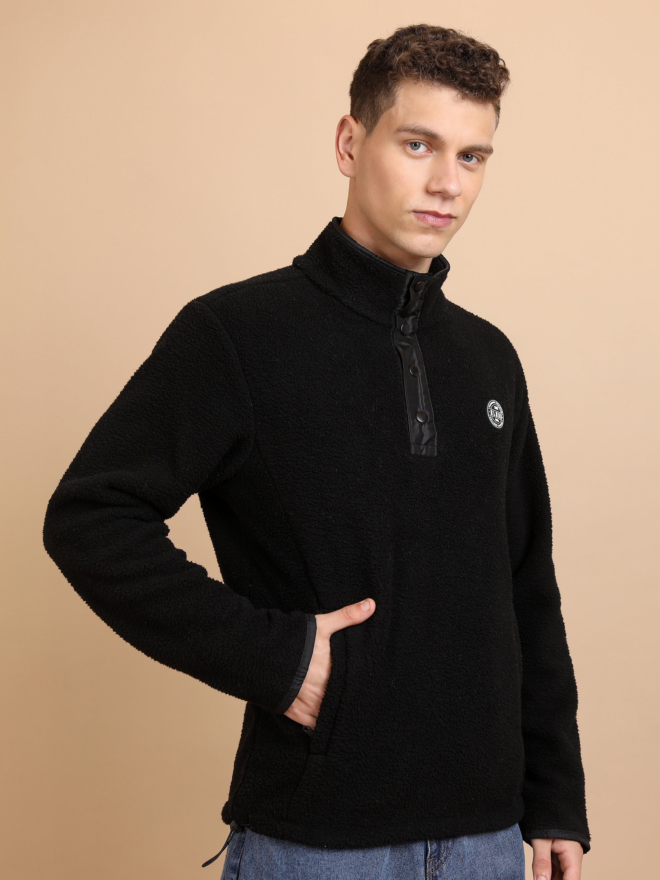 Highlander Men Black Mock Collar Pullover Sweatshirt - Black - Image 6