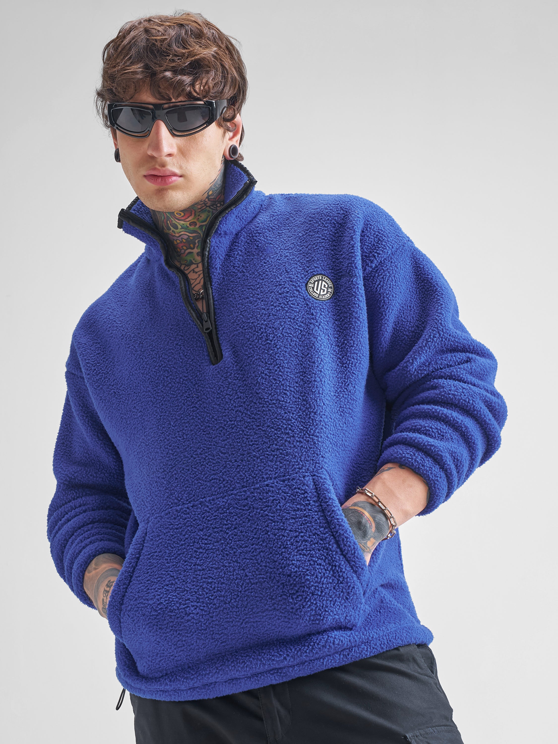 Highlander Men Blue Mock Collar Pullover Sweatshirt - Blue - Image 1