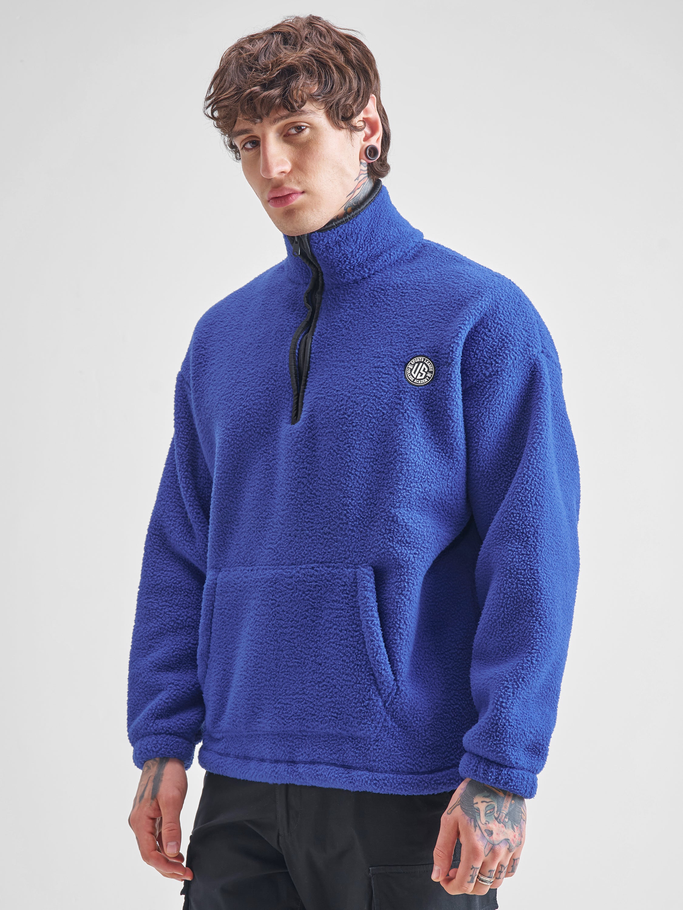 Highlander Men Blue Mock Collar Pullover Sweatshirt - Blue - Image 4