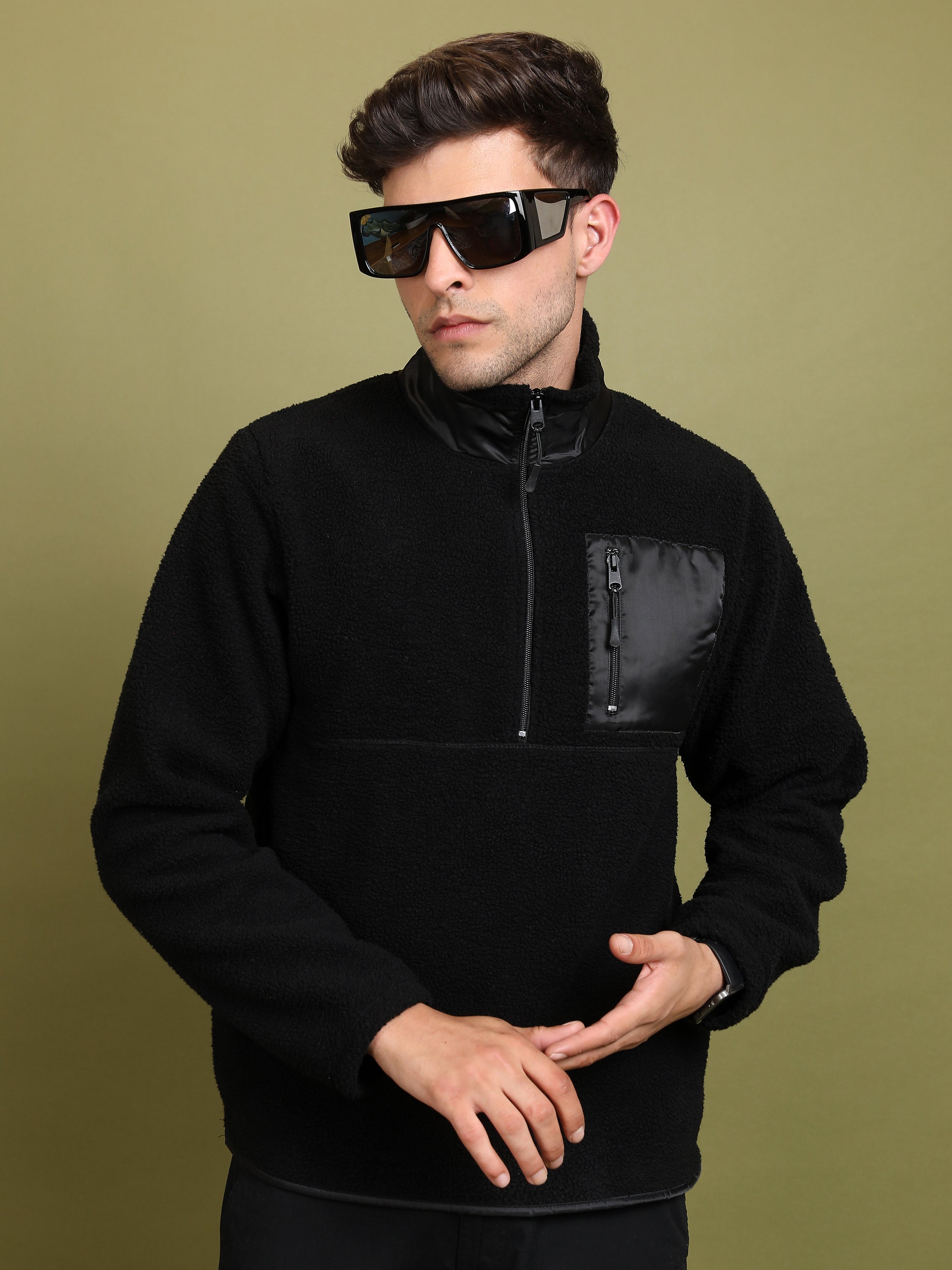 Highlander Men Black Mock Collar Pullover Sweatshirt - Black - Image 1