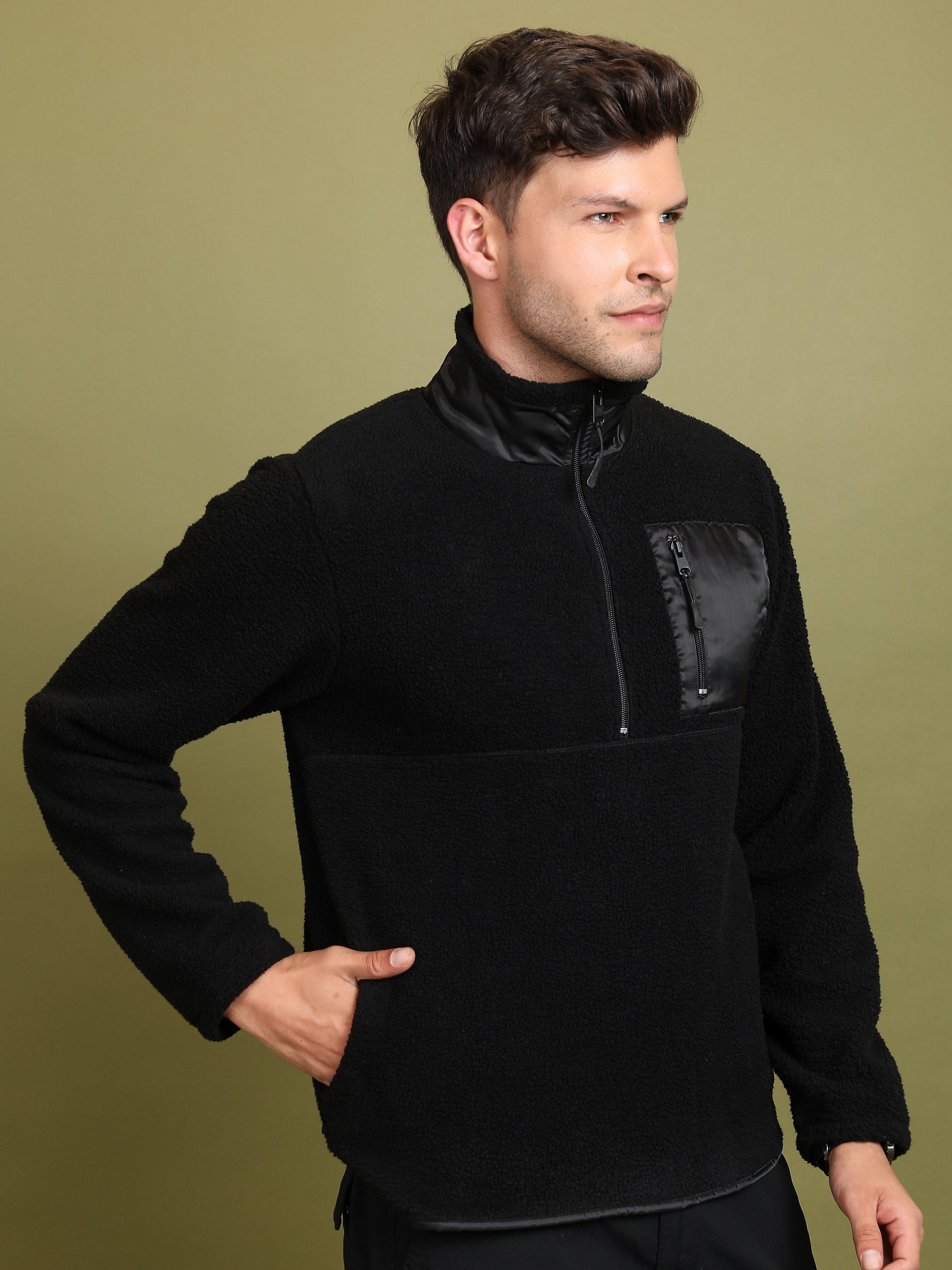 Highlander Men Black Mock Collar Pullover Sweatshirt - Black - Image 6