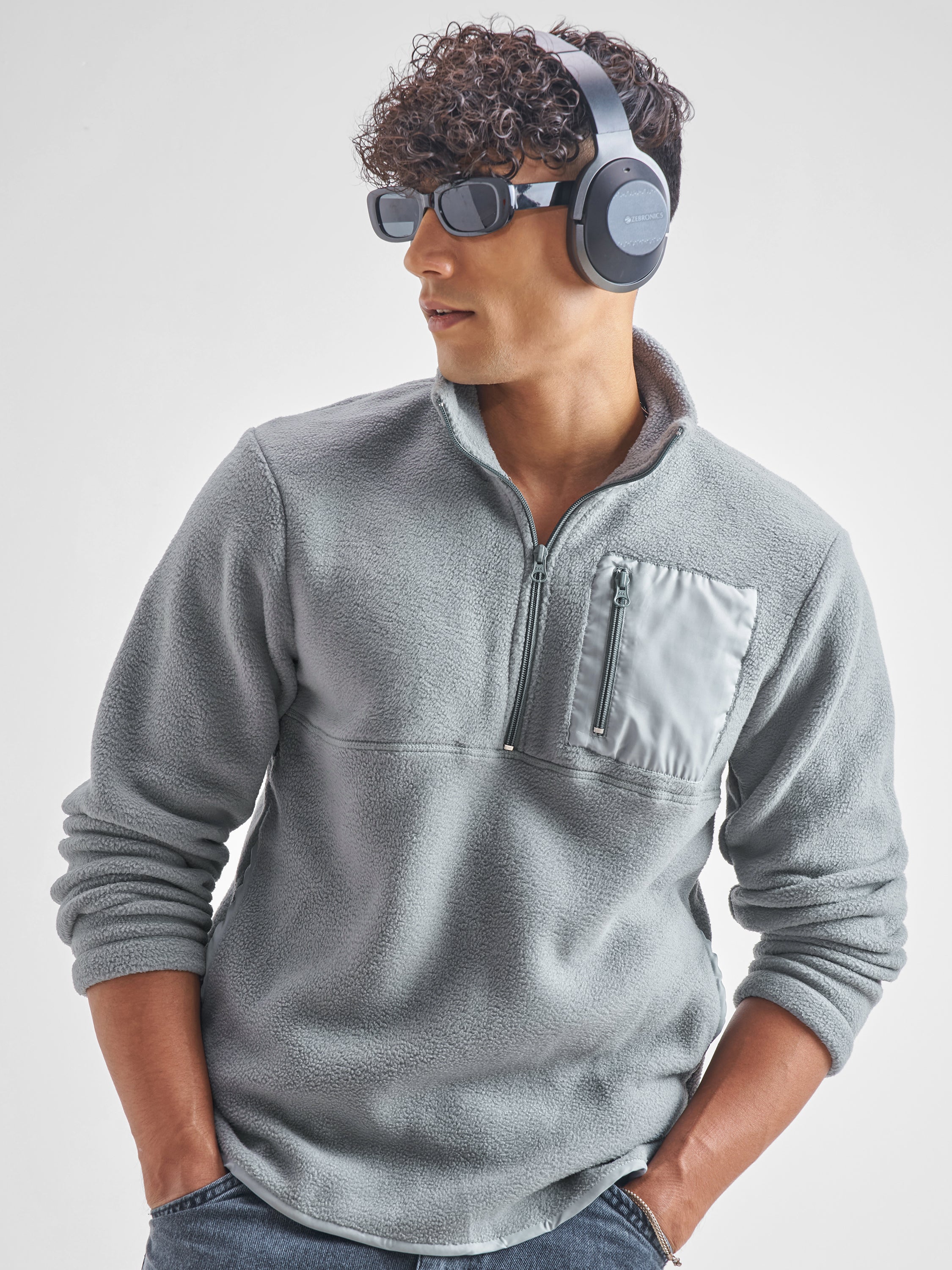 Highlander Men Grey Mock Collar Pullover Sweatshirt - Grey - Image 1