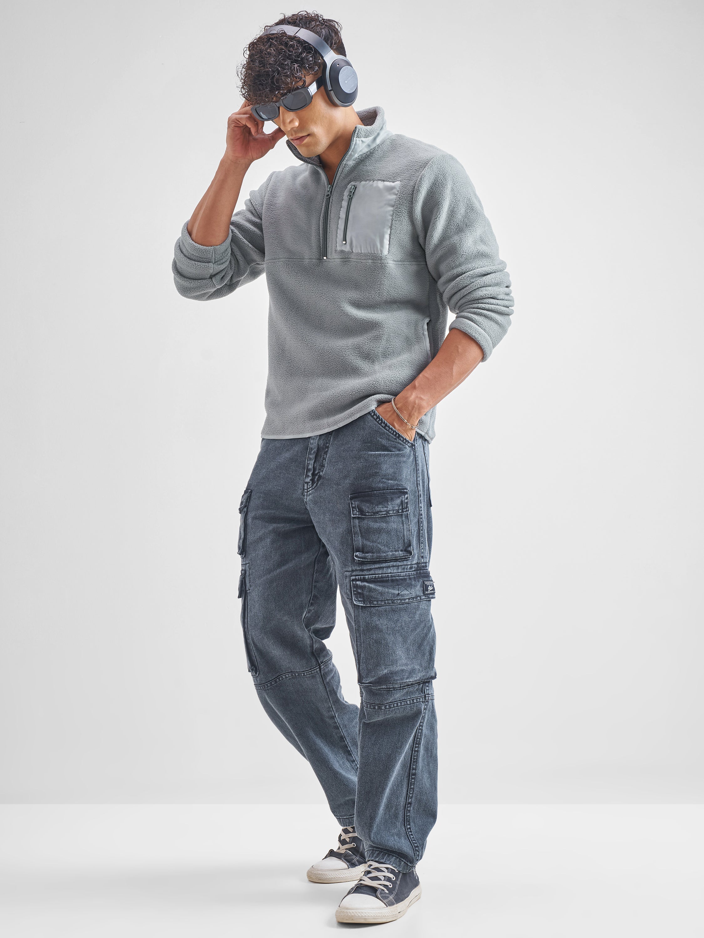 Highlander Men Grey Mock Collar Pullover Sweatshirt - Grey - Image 2