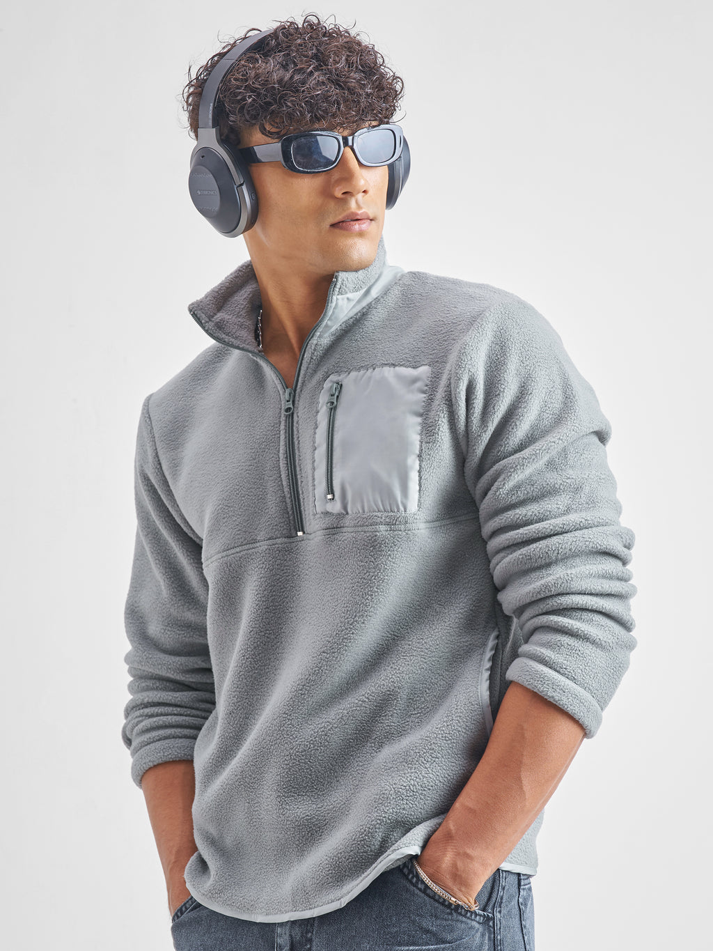 Highlander Men Grey Mock Collar Pullover Sweatshirt - Grey - Image 4