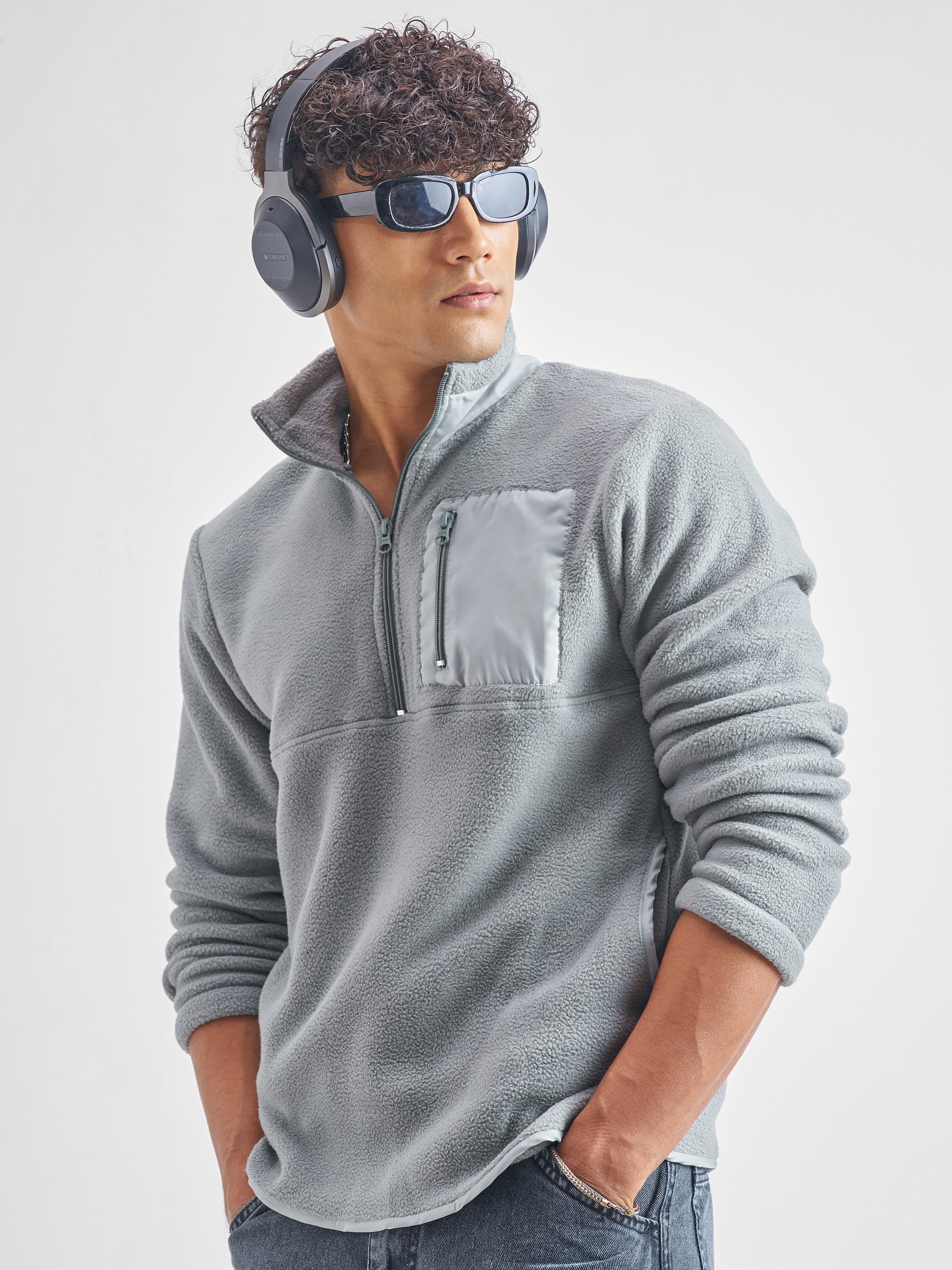 Highlander Men Grey Mock Collar Pullover Sweatshirt - Grey - Image 4