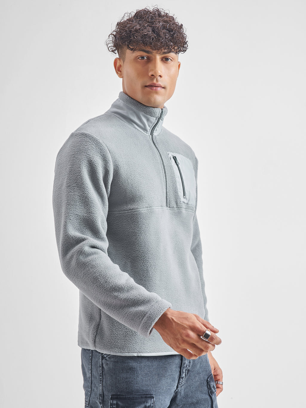 Highlander Men Grey Mock Collar Pullover Sweatshirt - Grey - Image 6