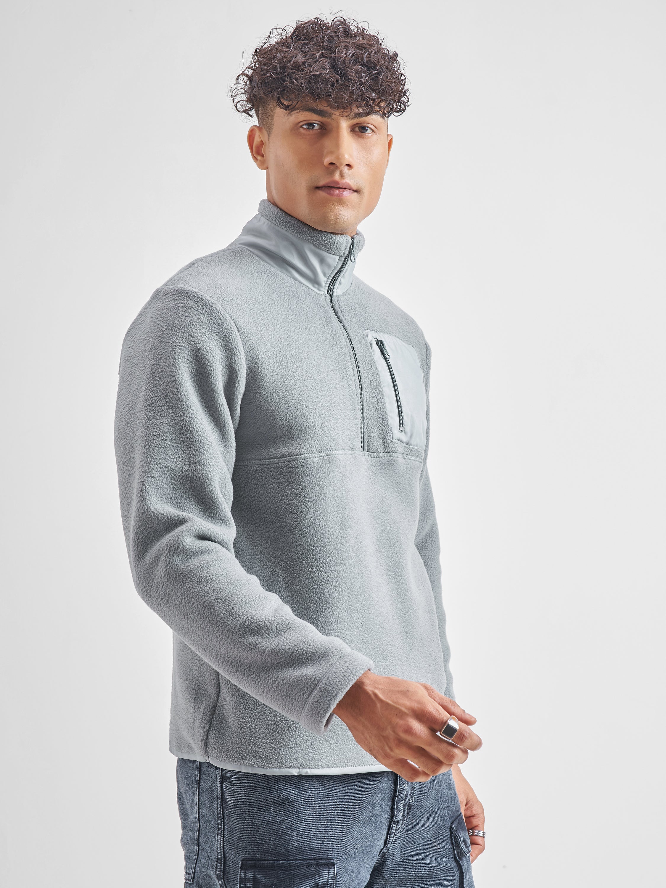 Highlander Men Grey Mock Collar Pullover Sweatshirt - Grey - Image 6