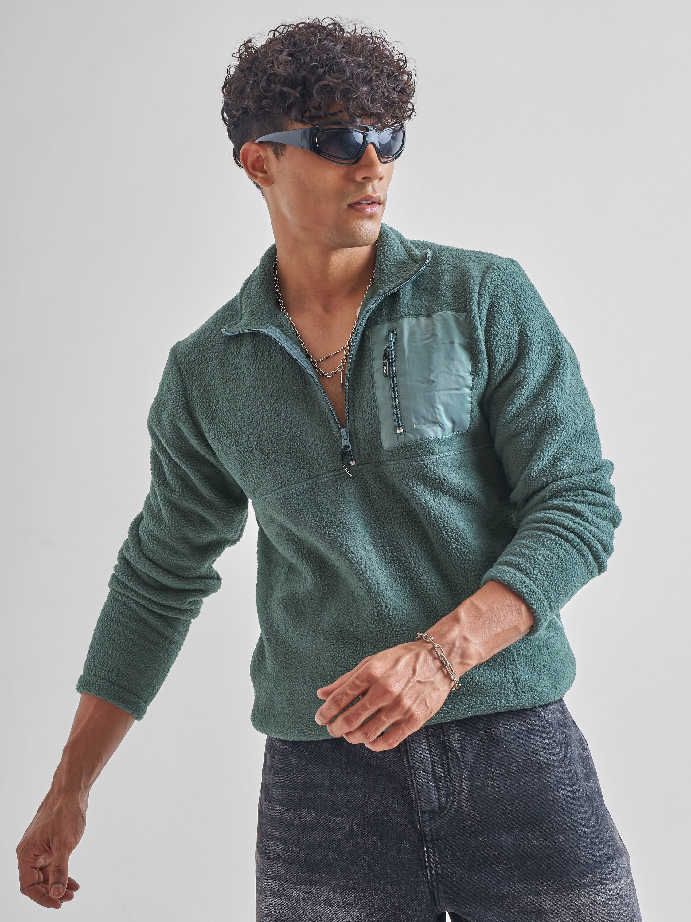 Highlander Men Green Mock Collar Pullover Sweatshirt - Green - Image 1