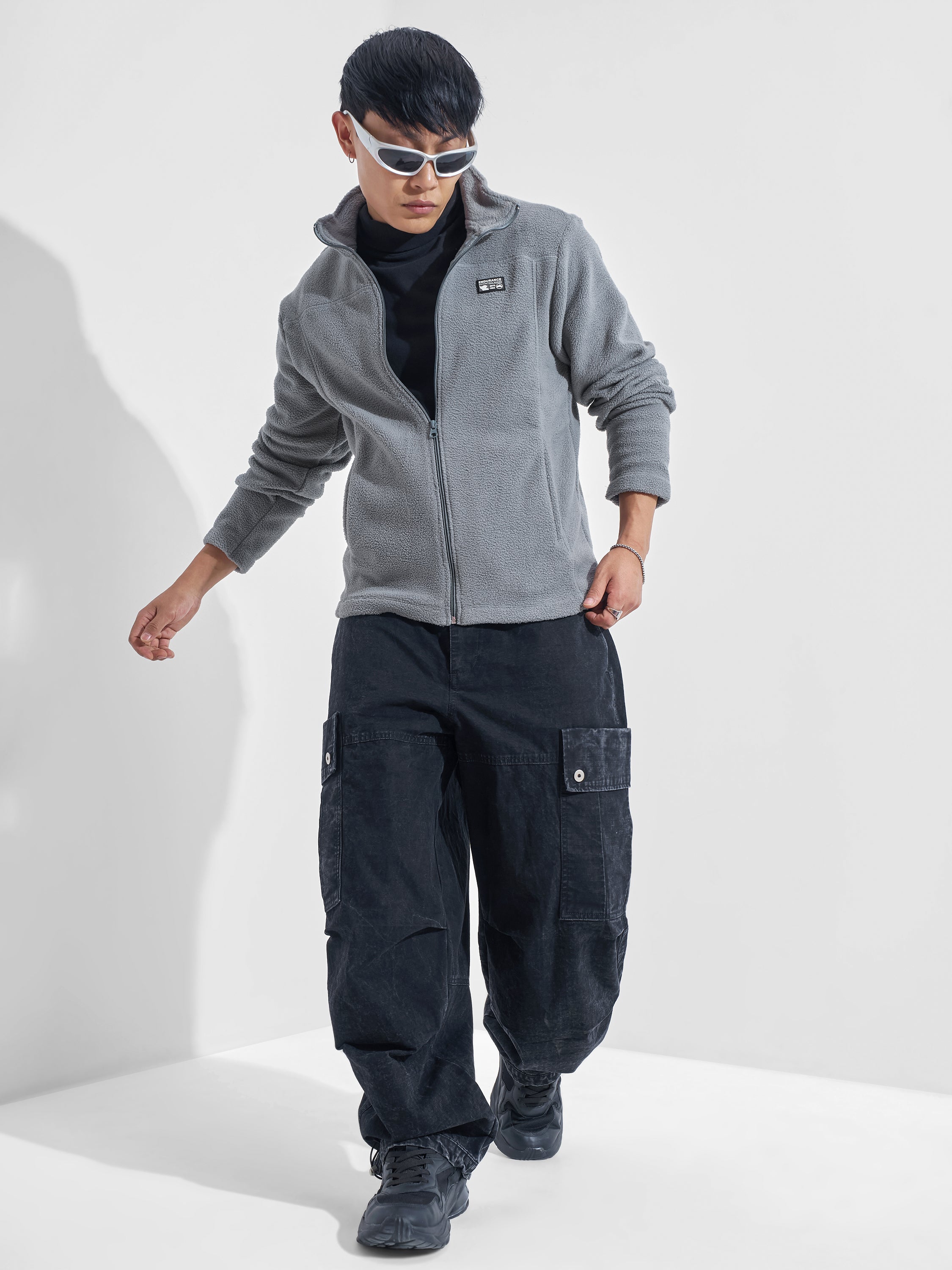 Highlander Men Grey Mock Collar Front-Open Sweatshirt - Grey - Image 2