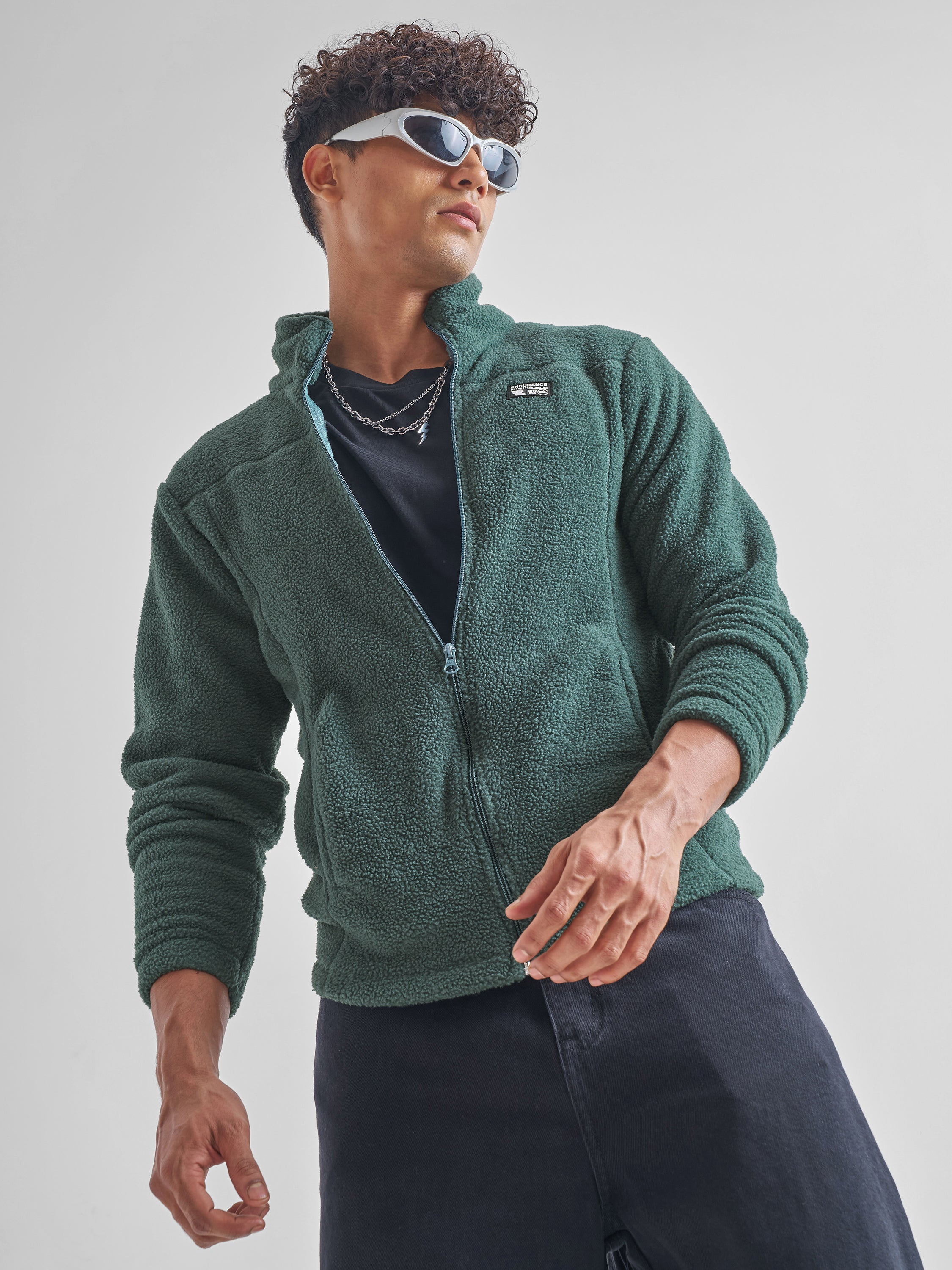 Highlander Men Green Mock Collar Front-Open Sweatshirt - Green - Image 1