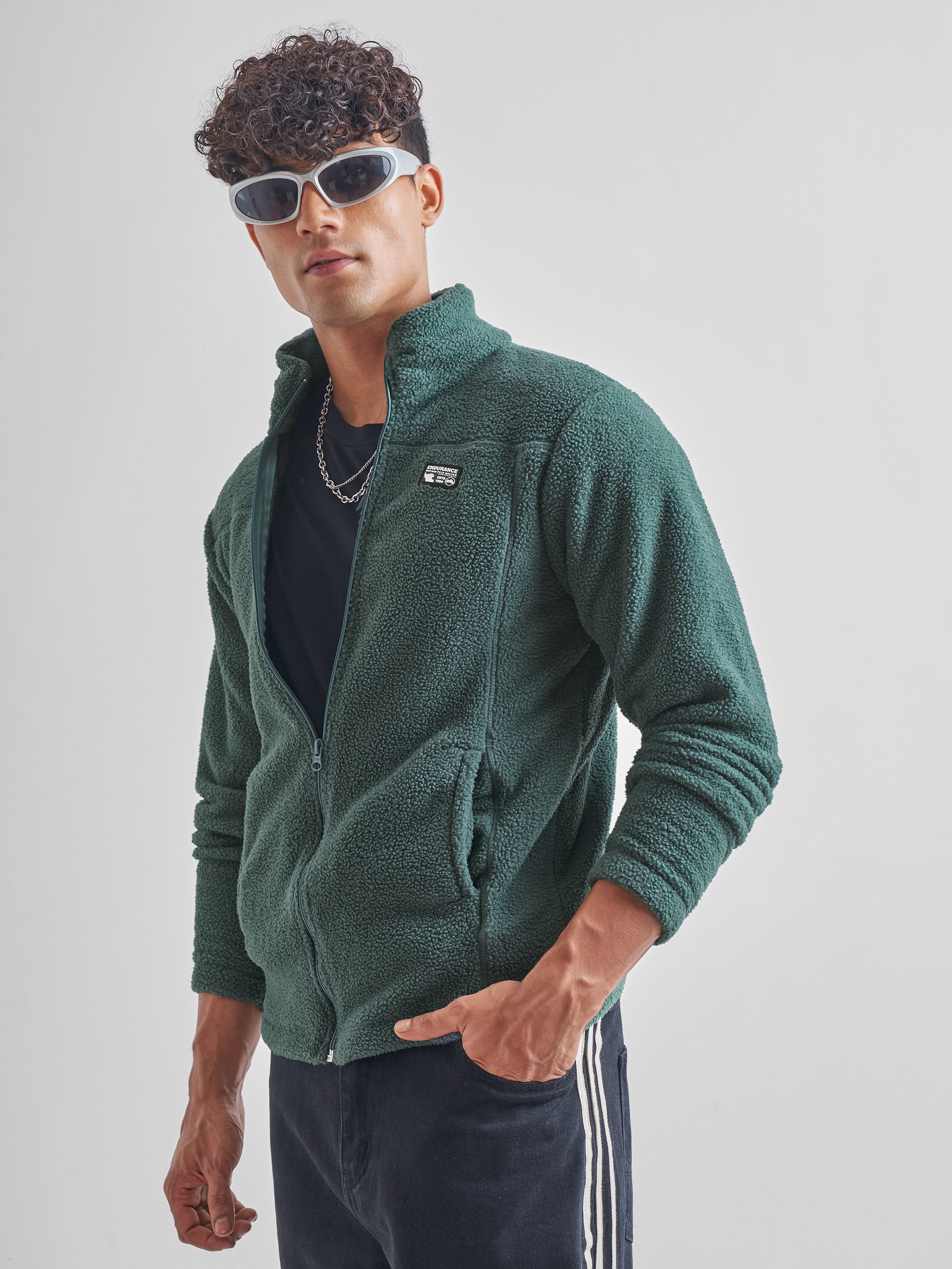 Highlander Men Green Mock Collar Front-Open Sweatshirt - Green - Image 4