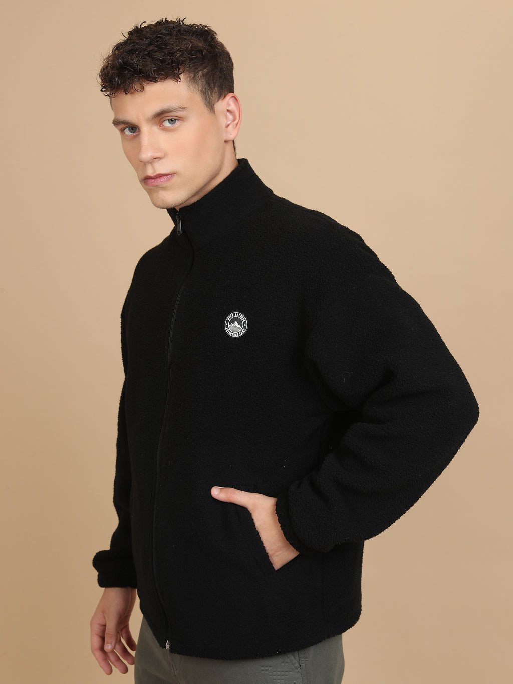 Highlander Men Black Mock Collar Front-Open Sweatshirt - Black - Image 4