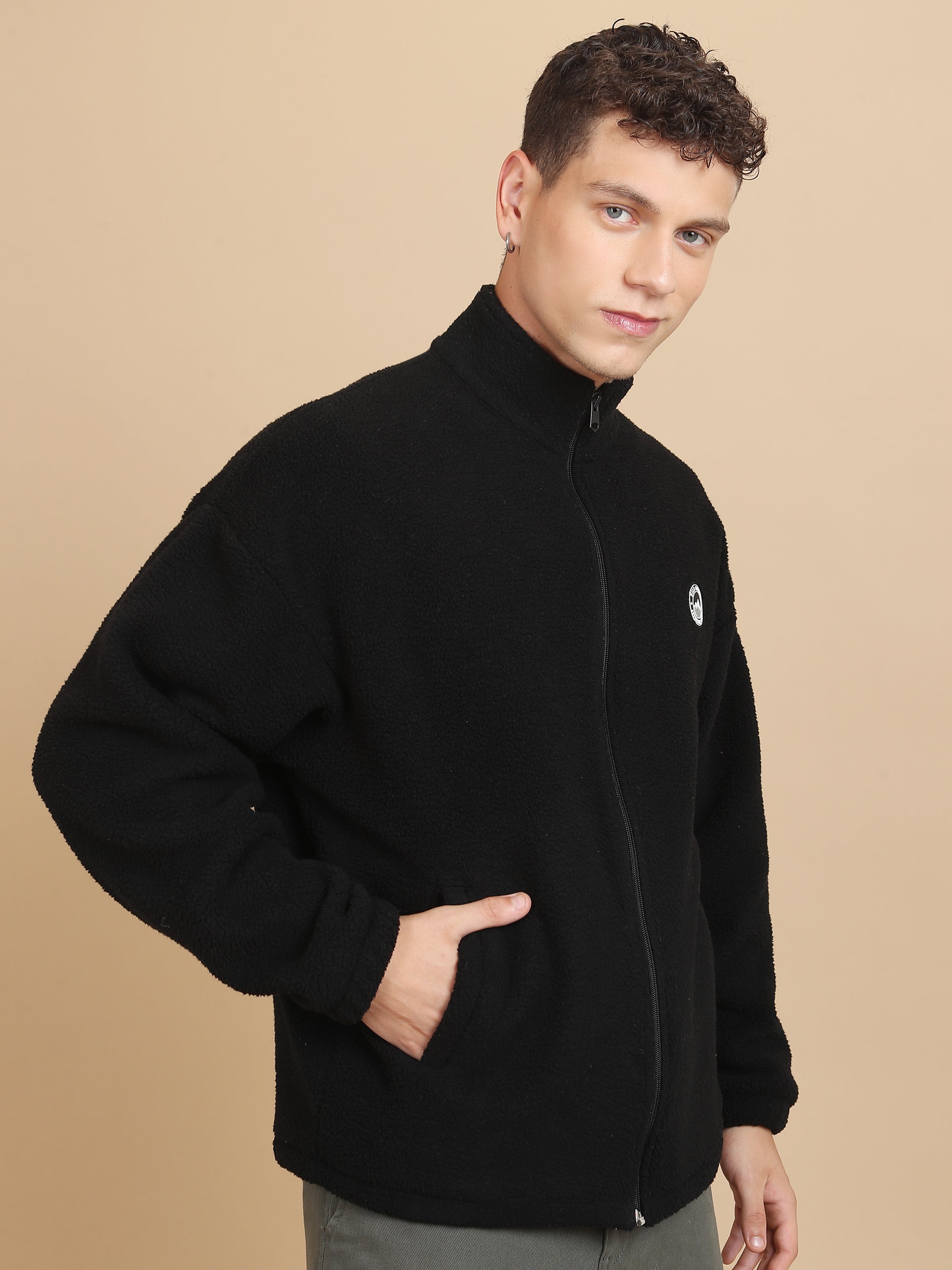 Highlander Men Black Mock Collar Front-Open Sweatshirt - Black - Image 6