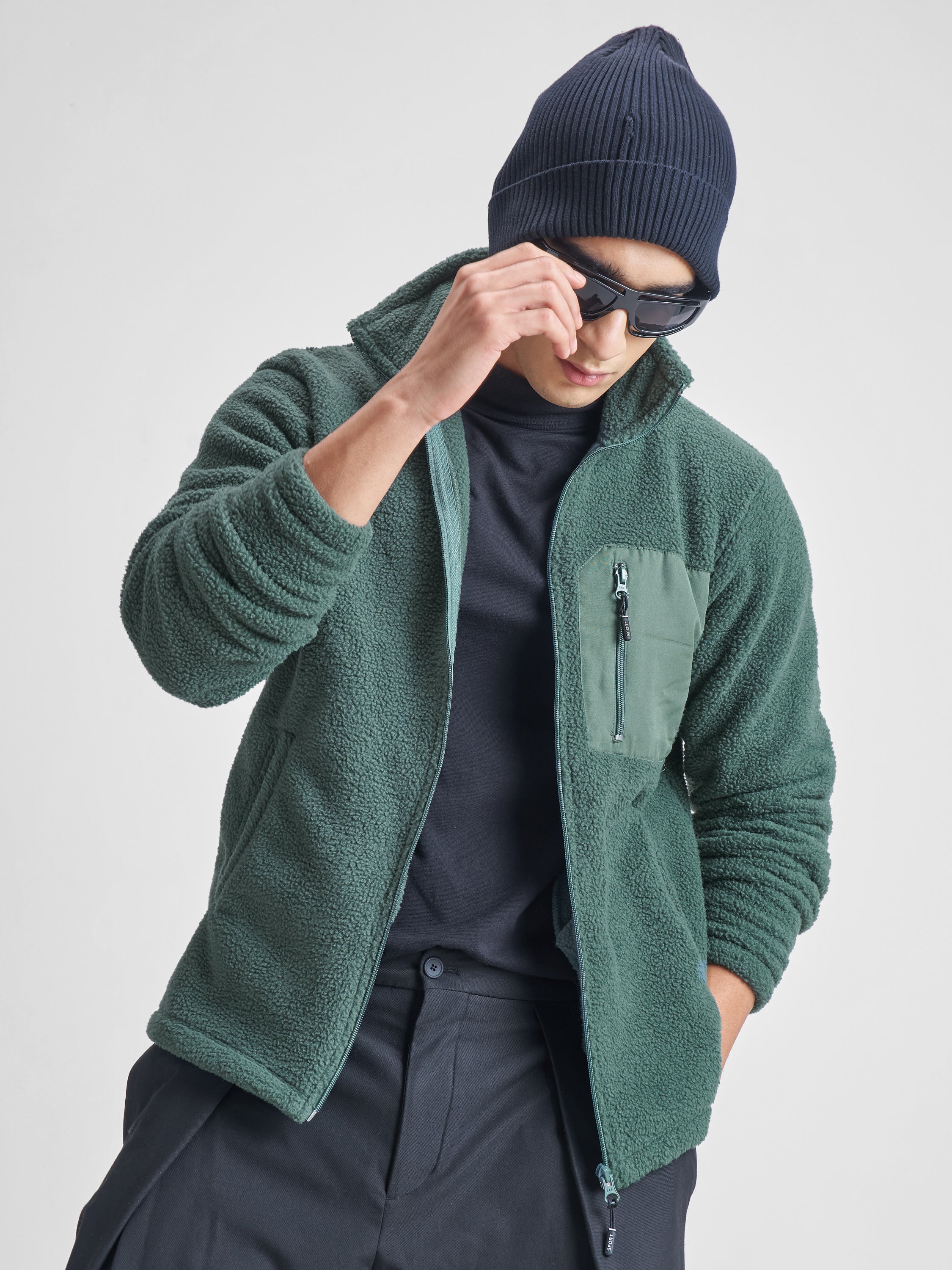 Highlander Men Green Mock Collar Front-Open Sweatshirt - Green - Image 1