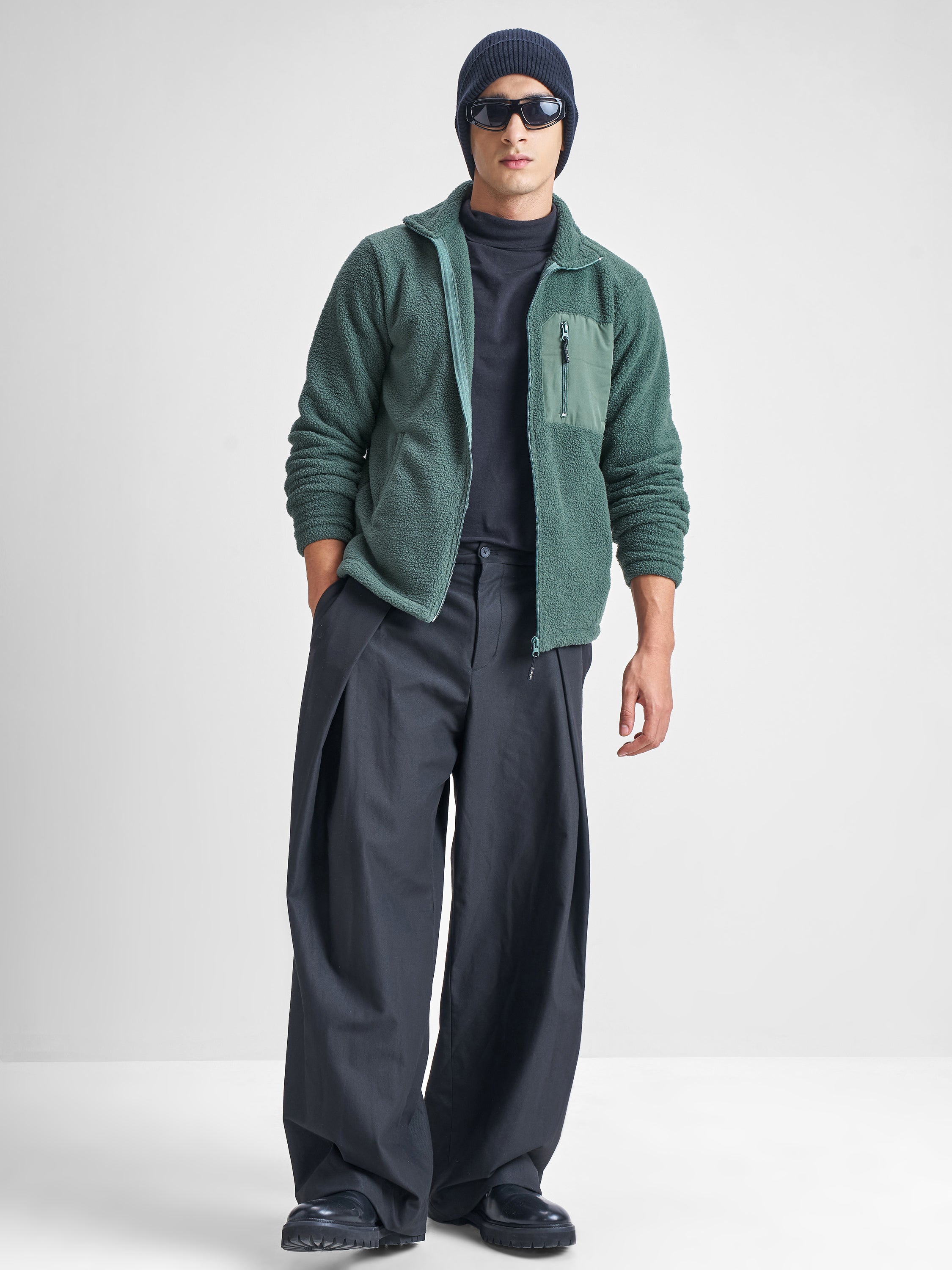 Highlander Men Green Mock Collar Front-Open Sweatshirt - Green - Image 2