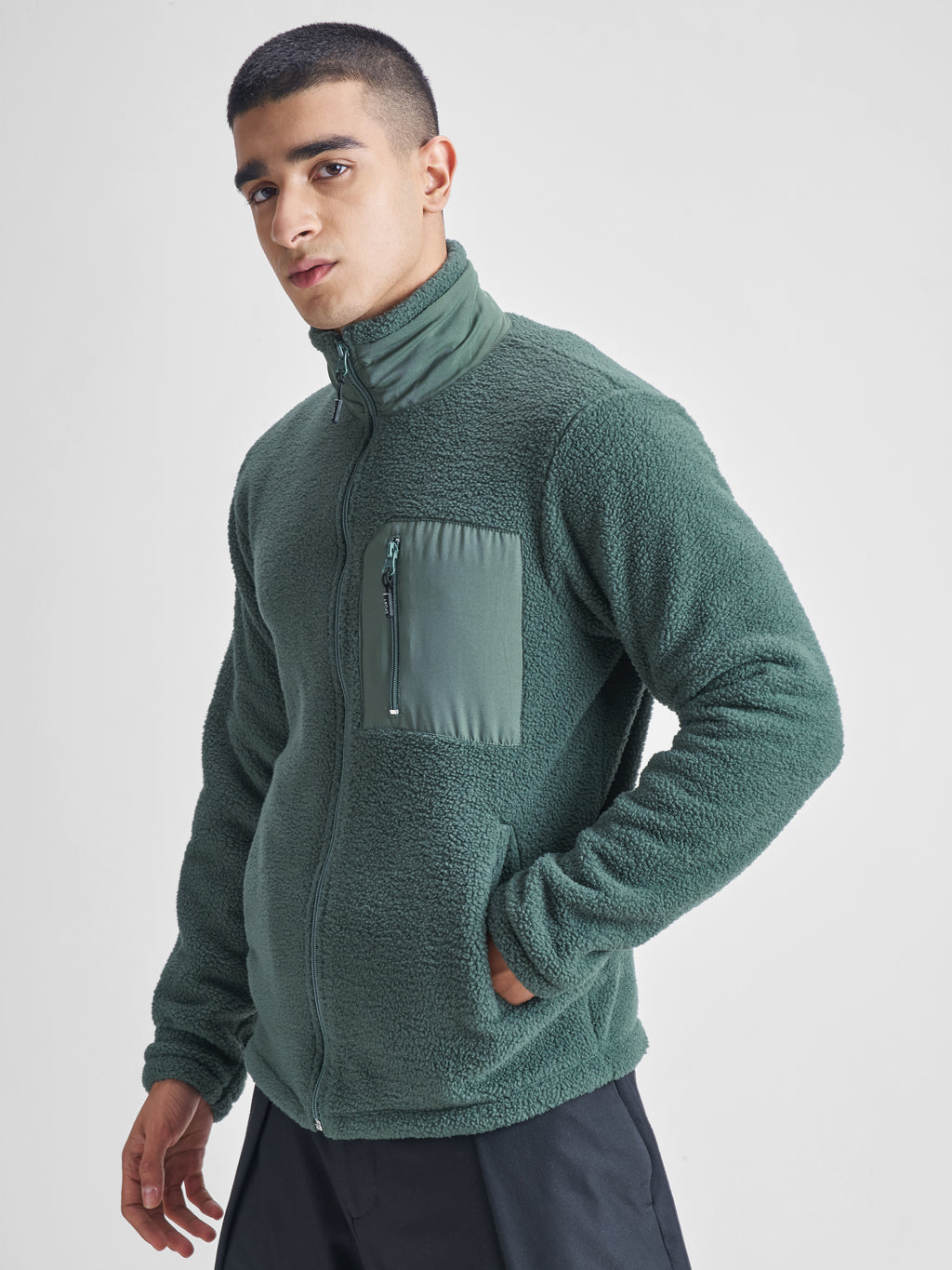 Highlander Men Green Mock Collar Front-Open Sweatshirt - Green - Image 4