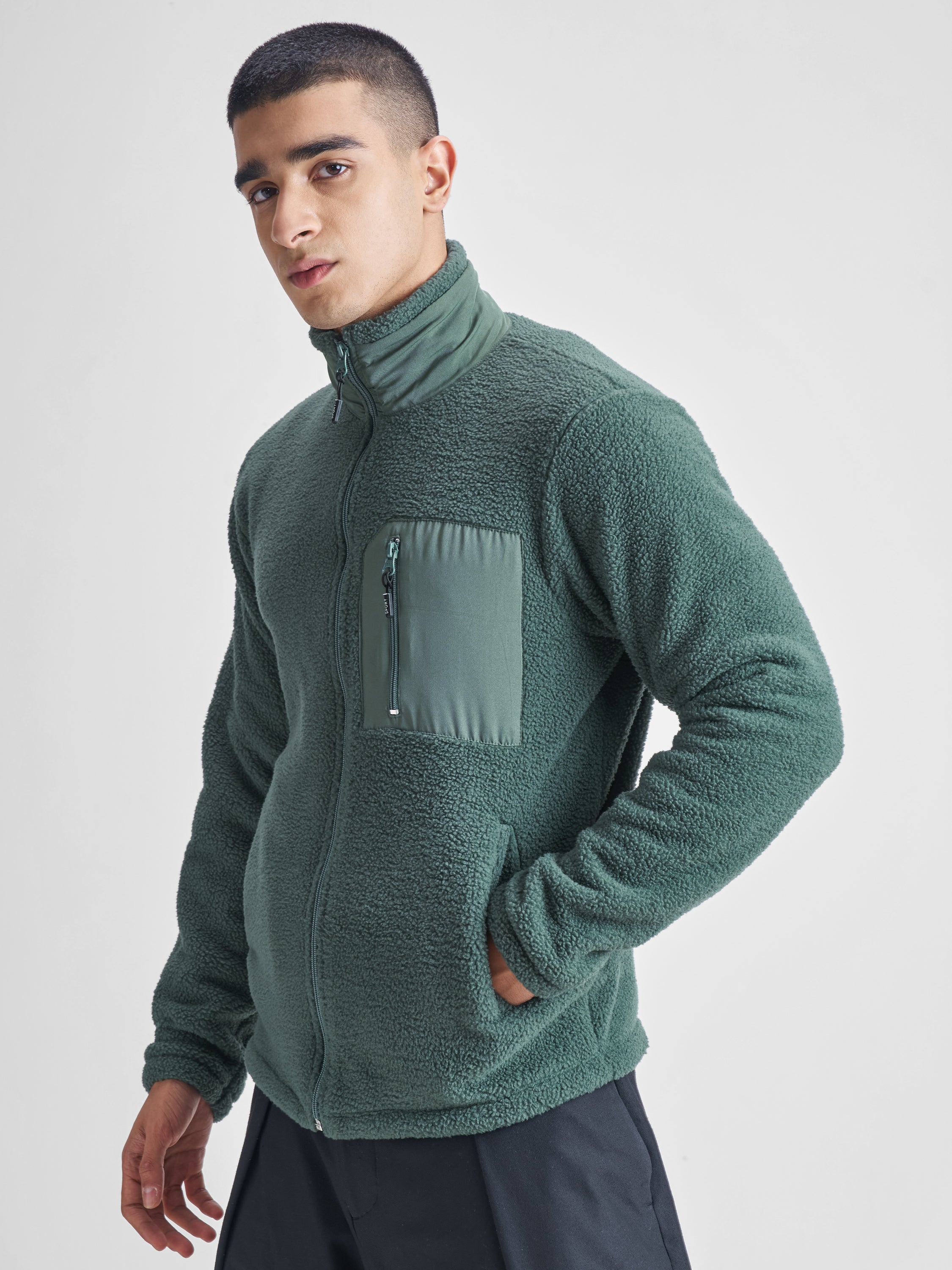 Highlander Men Green Mock Collar Front-Open Sweatshirt - Green - Image 4