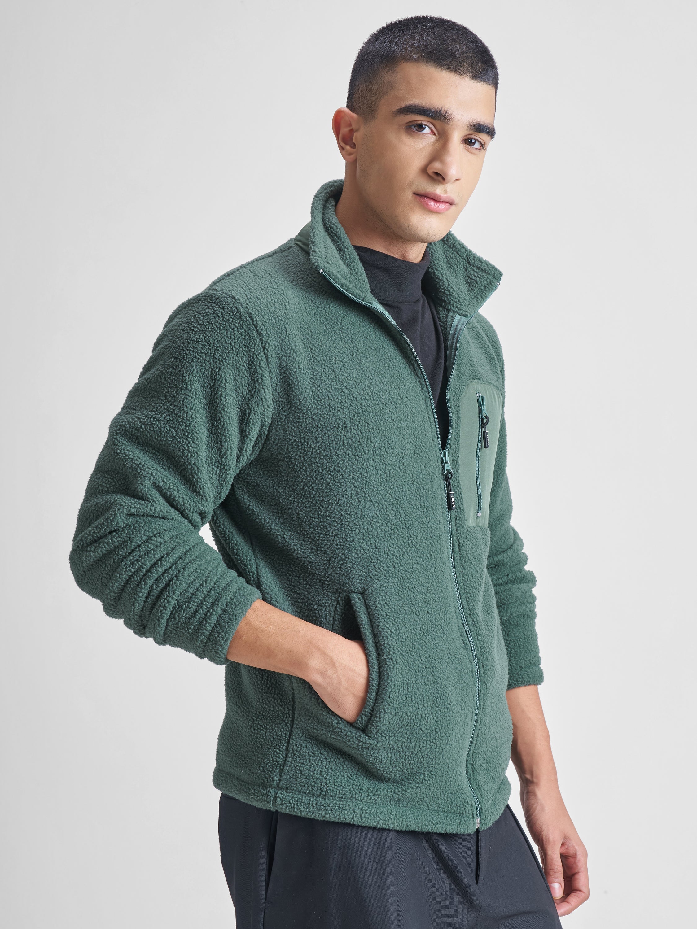 Highlander Men Green Mock Collar Front-Open Sweatshirt - Green - Image 6