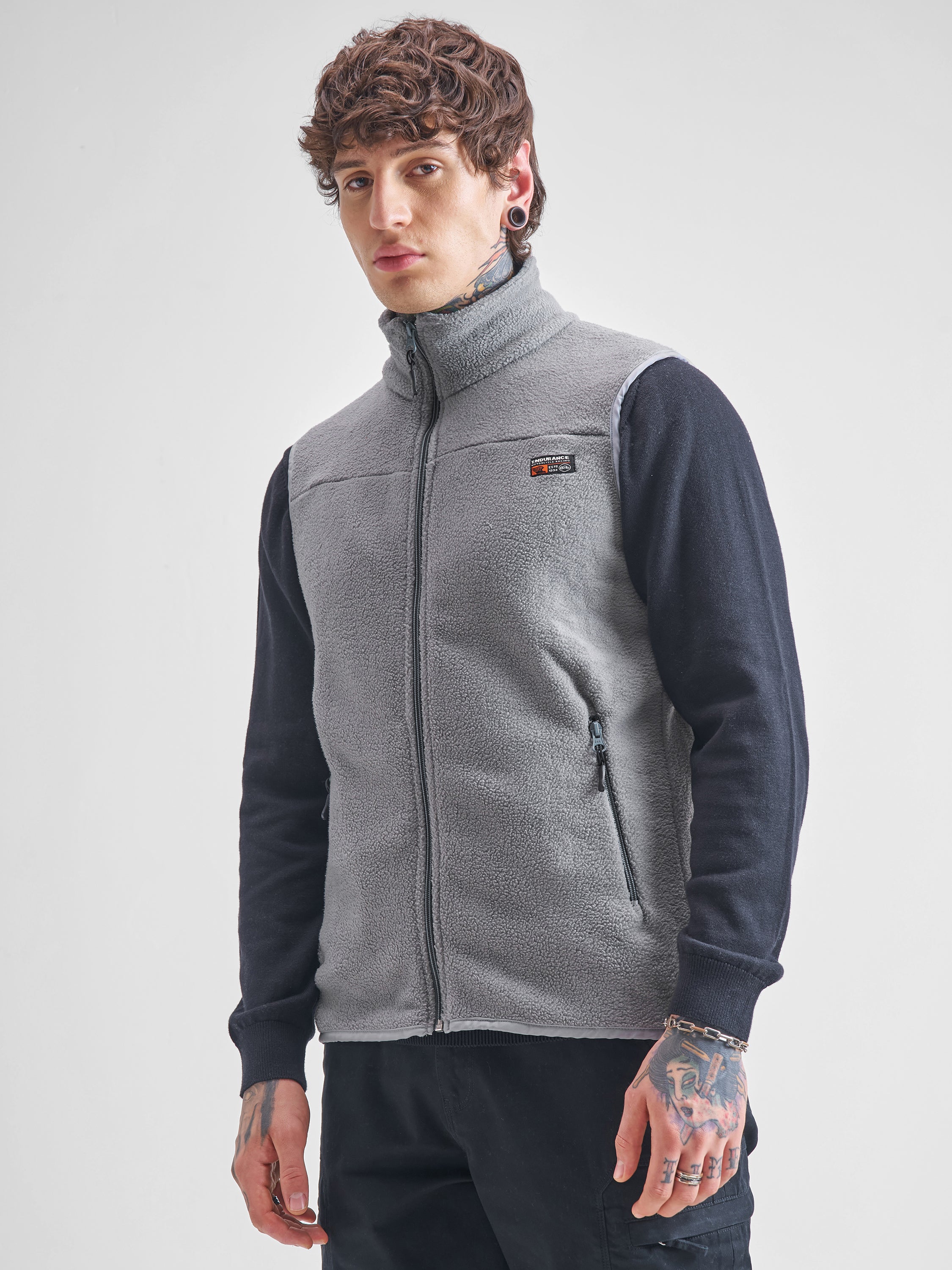 Highlander Men Grey Mock Collar Front-Open Sweatshirt - Grey - Image 4