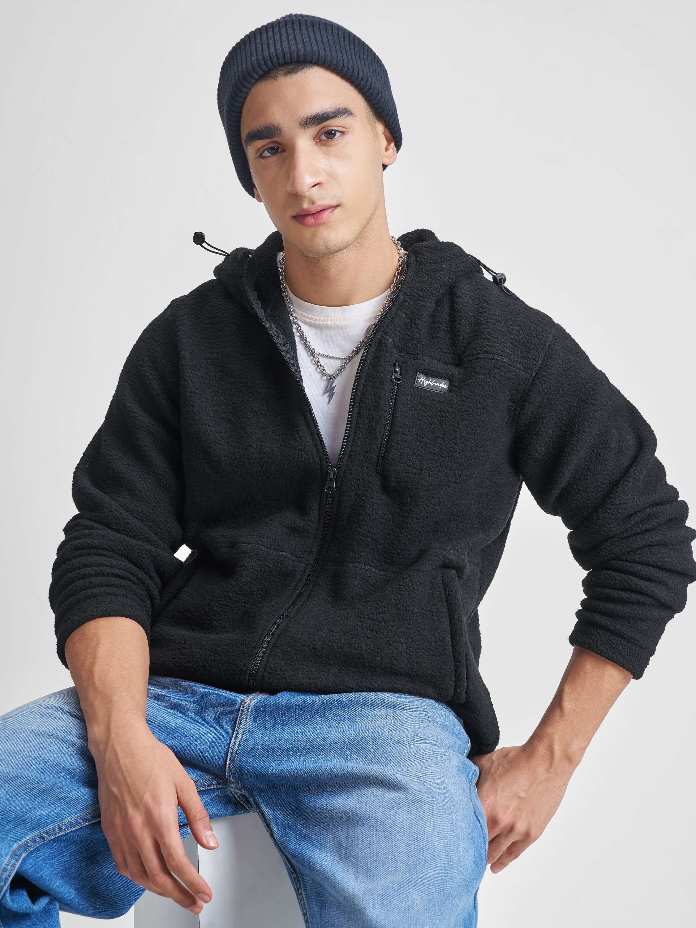 Highlander Men Black Hooded Front-Open Sweatshirt - Black - Image 1