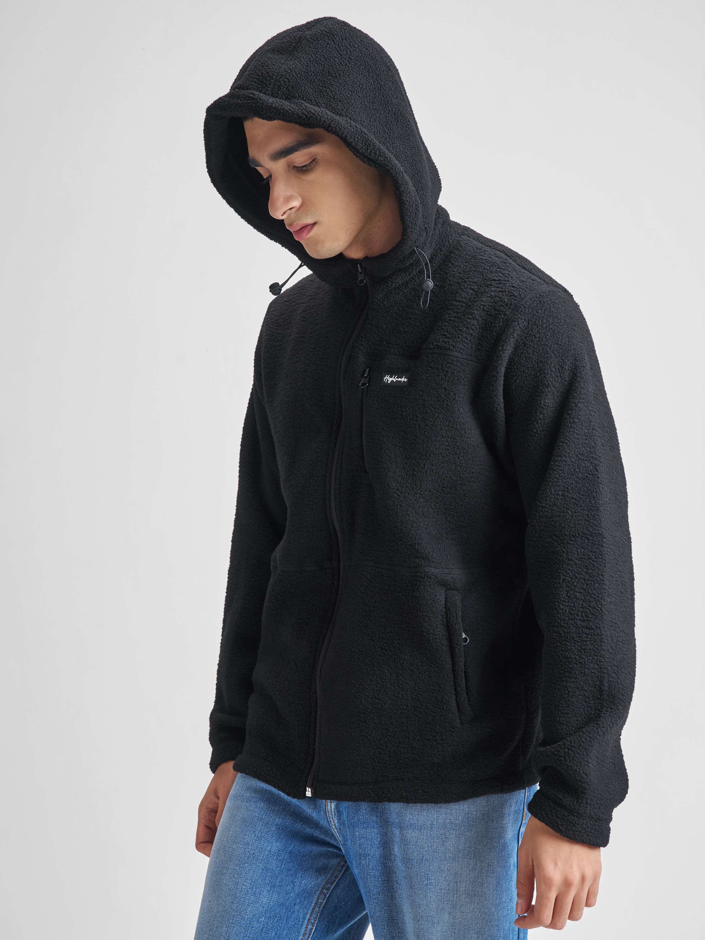 Highlander Men Black Hooded Front-Open Sweatshirt - Black - Image 4