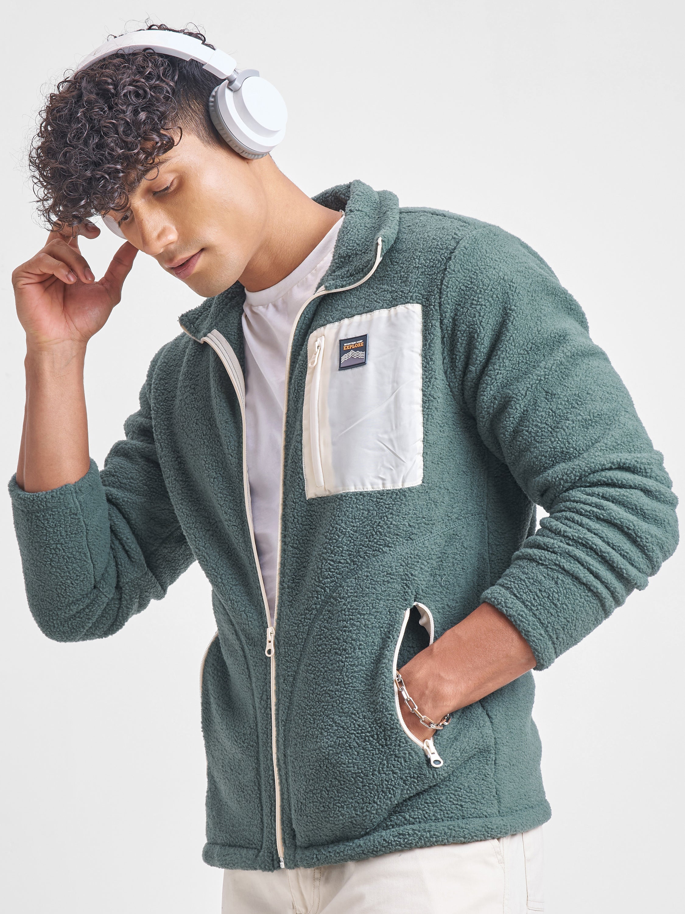Highlander Men Green Mock Collar Front-Open Sweatshirt - Green - Image 1