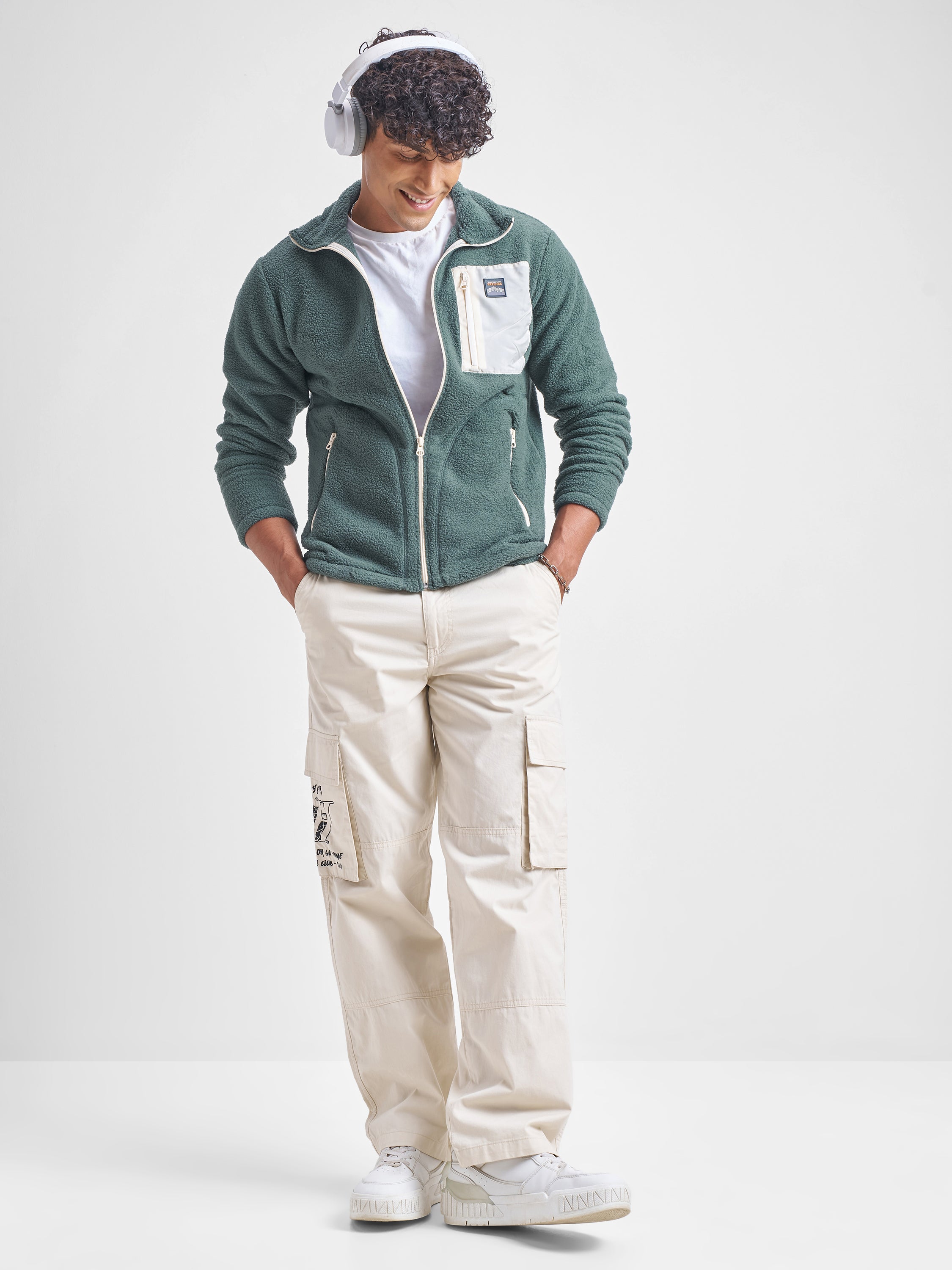 Highlander Men Green Mock Collar Front-Open Sweatshirt - Green - Image 2