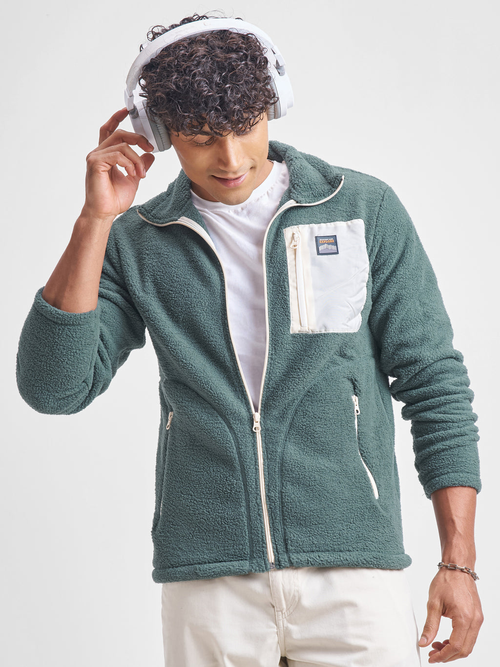 Highlander Men Green Mock Collar Front-Open Sweatshirt - Green - Image 4